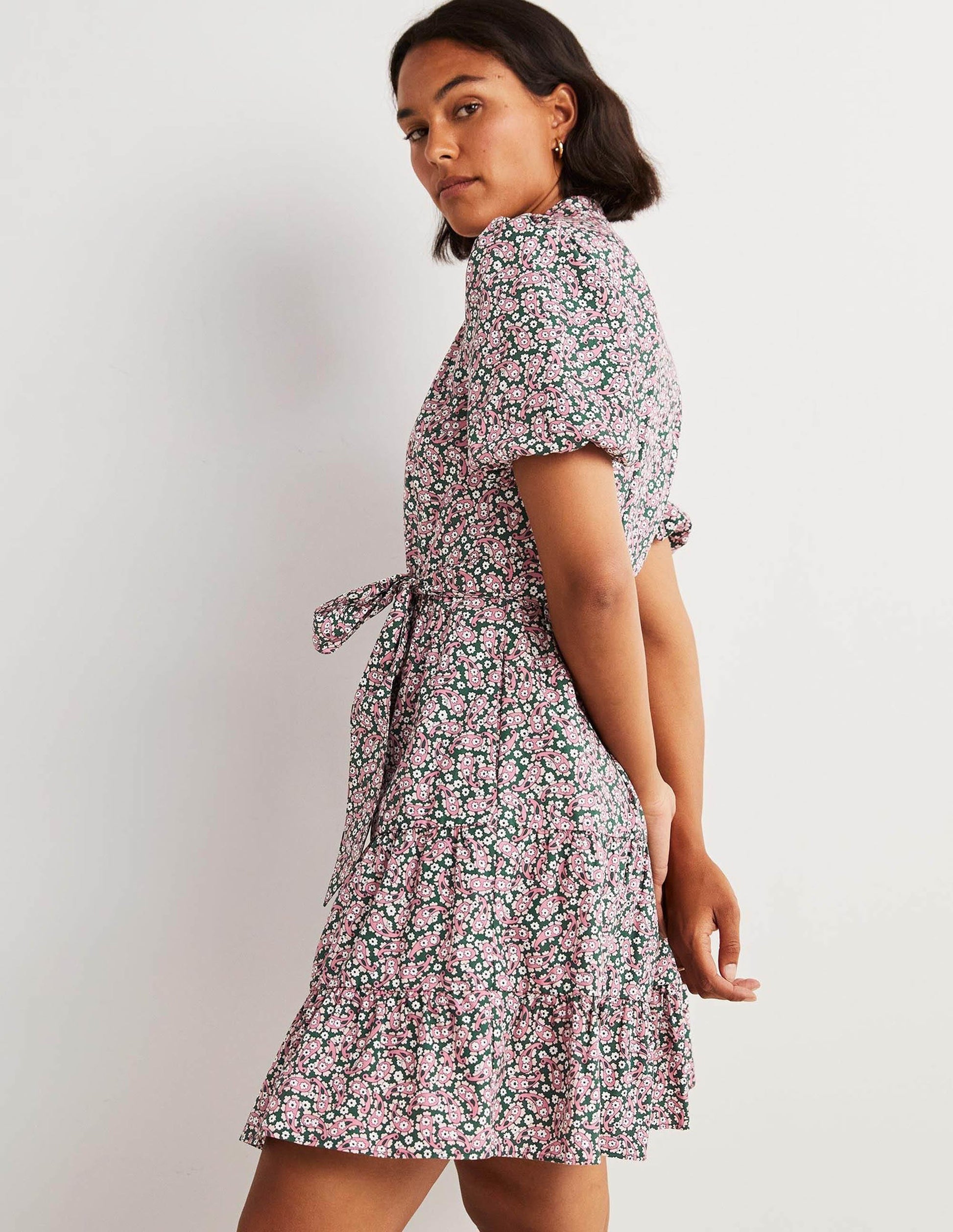 Tiered Shirt Dress-Trekking Green, Petal Paisley-4