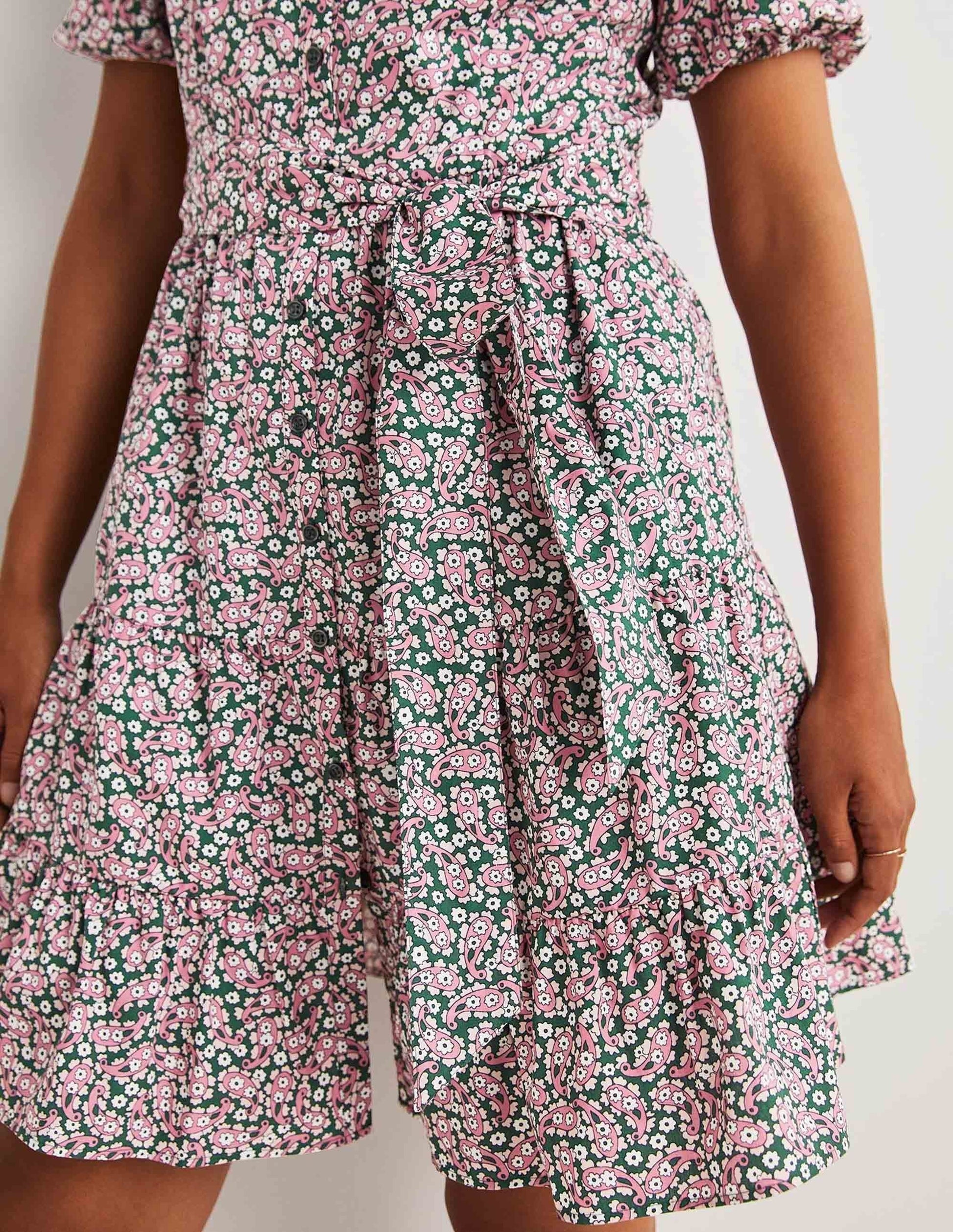Tiered Shirt Dress-Trekking Green, Petal Paisley-5