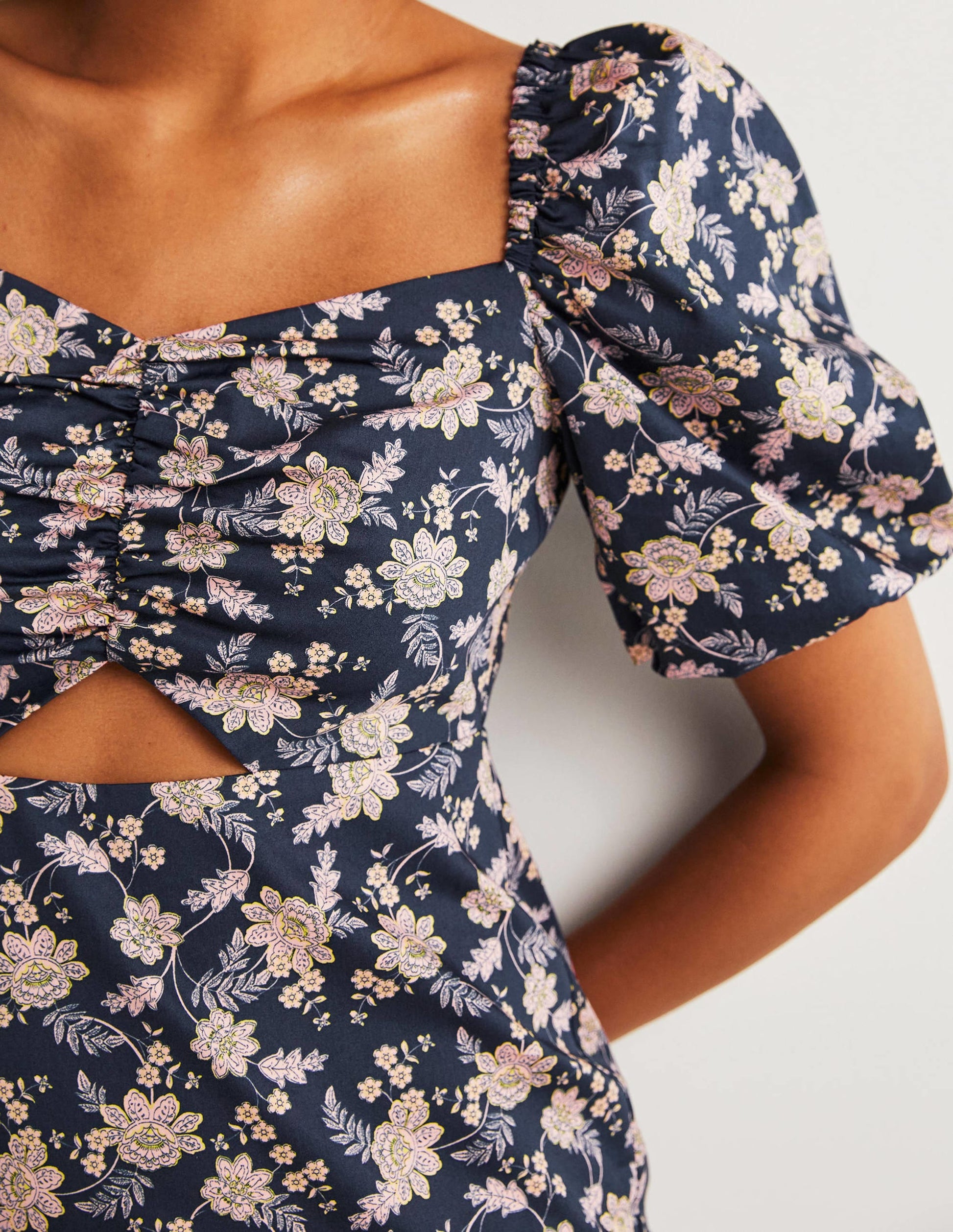Cut Out Detail Mini Dress-Navy, Chintz Bloom-2