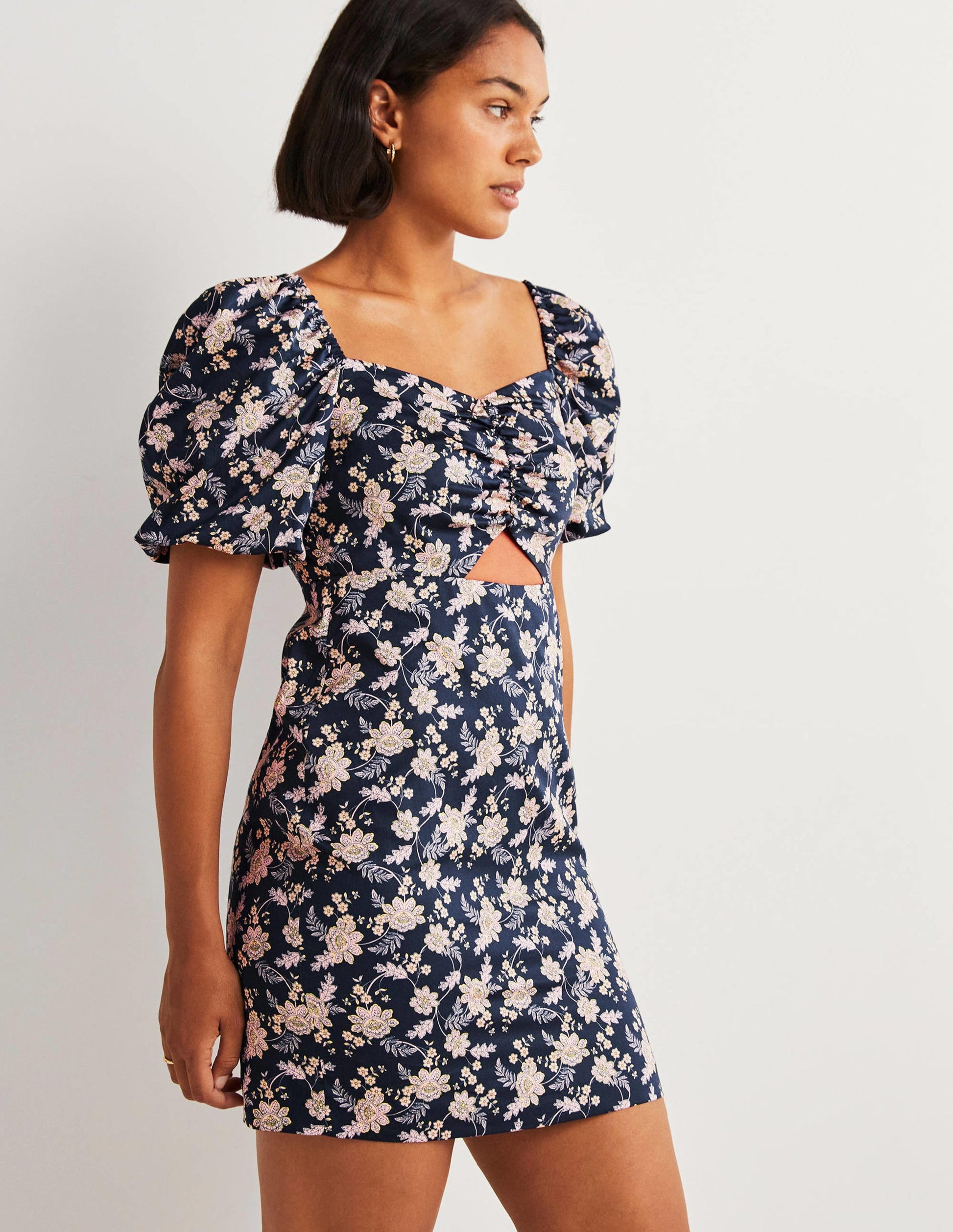 Cut Out Detail Mini Dress-Navy, Chintz Bloom-4
