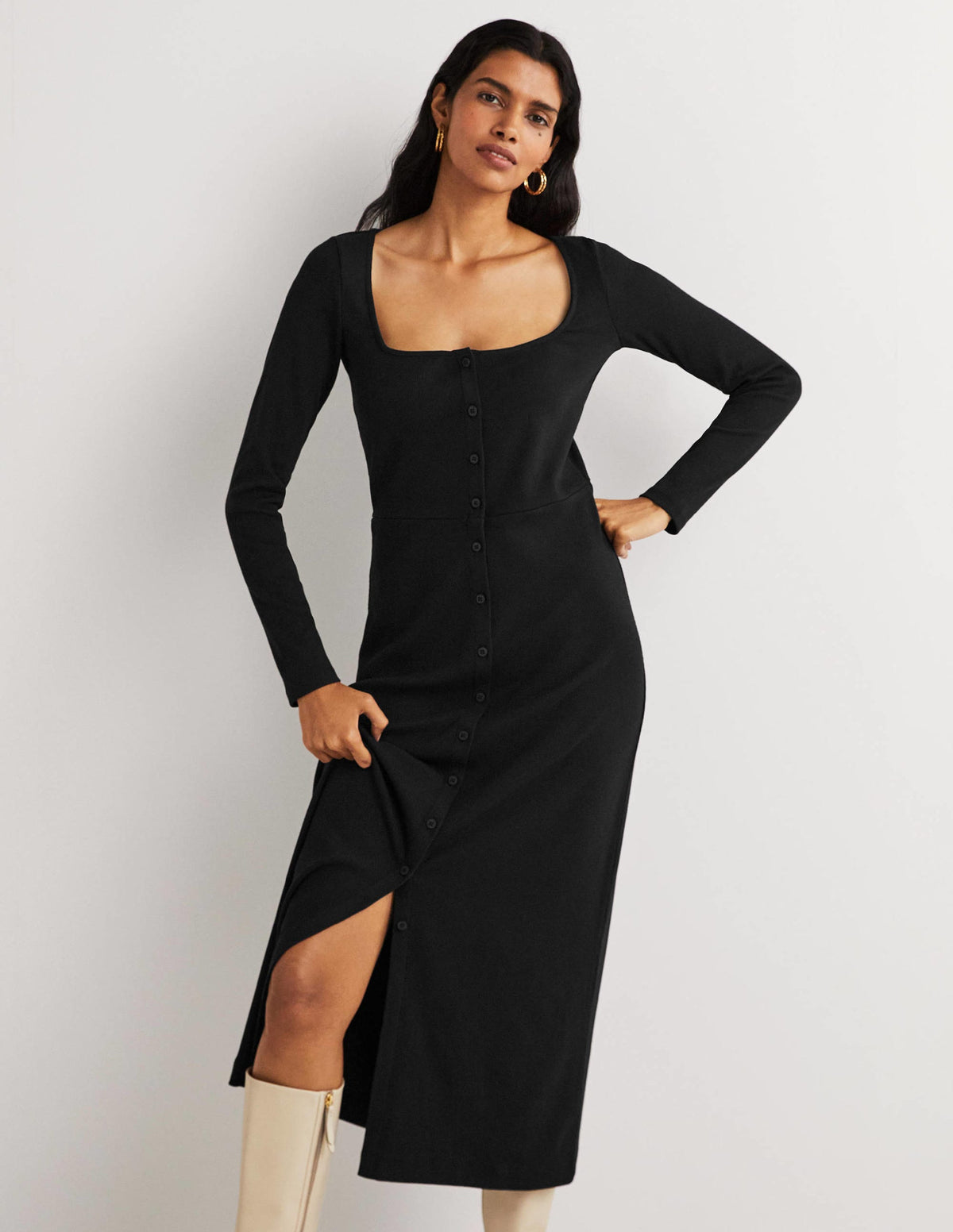 Jersey Rib Midi Dress-Black-4