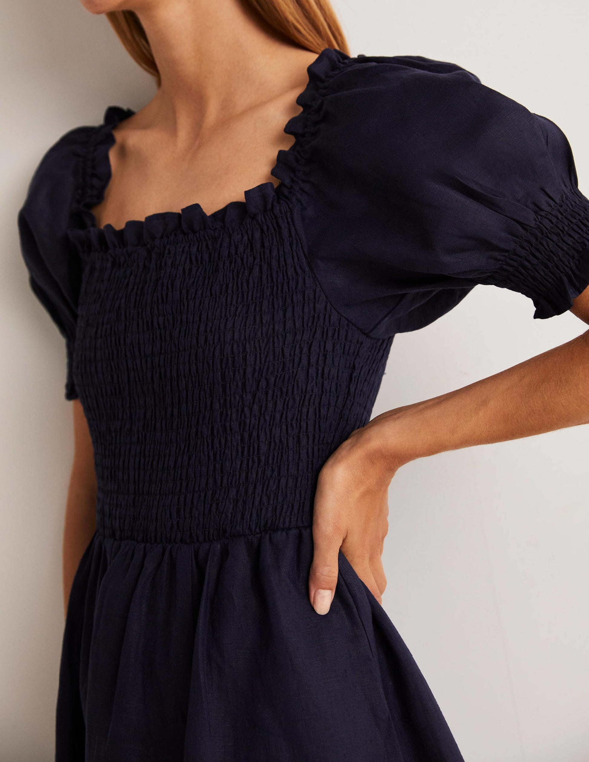 Smocked Bodice Mini Dress-Navy-6