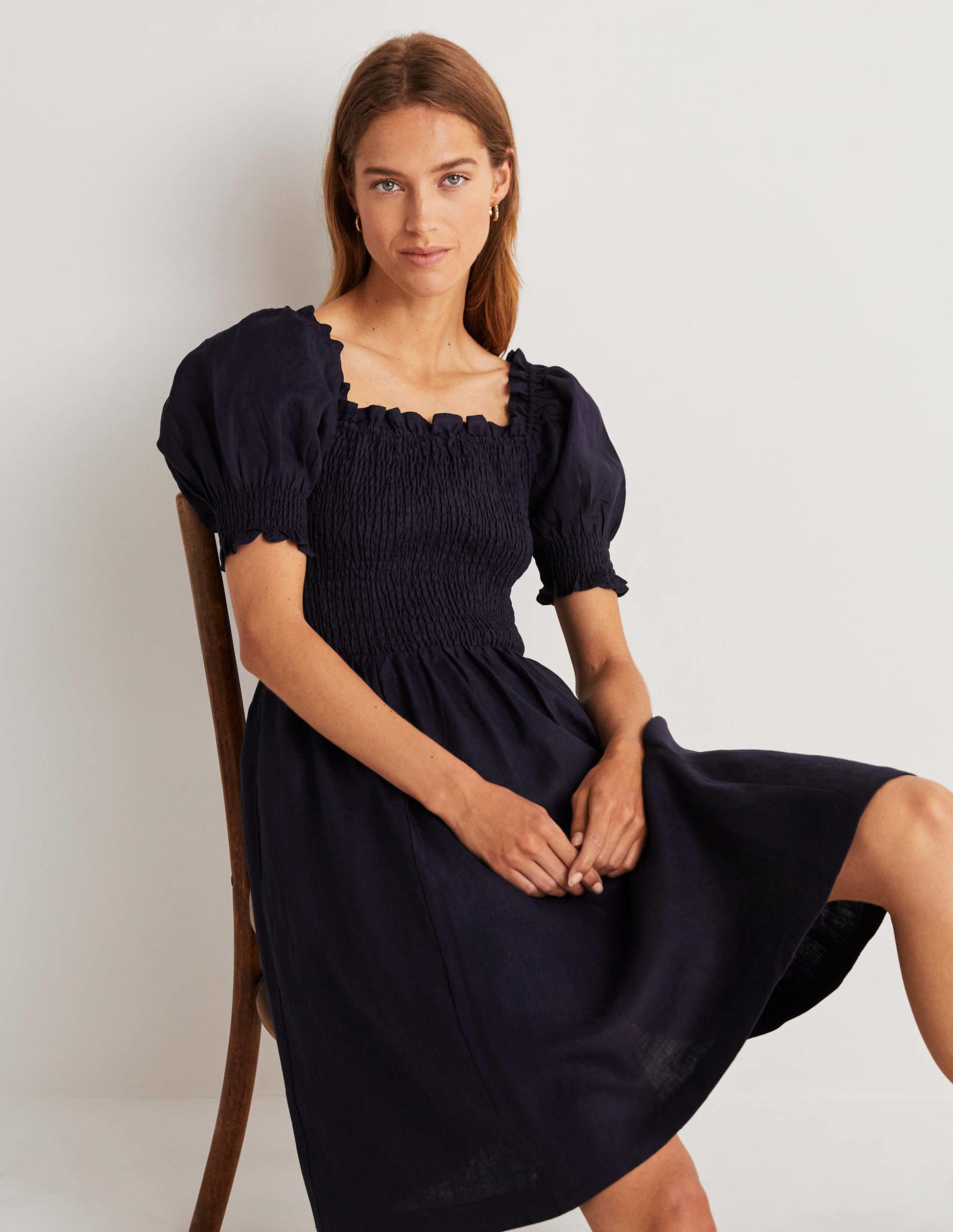 Smocked Bodice Mini Dress-Navy-8
