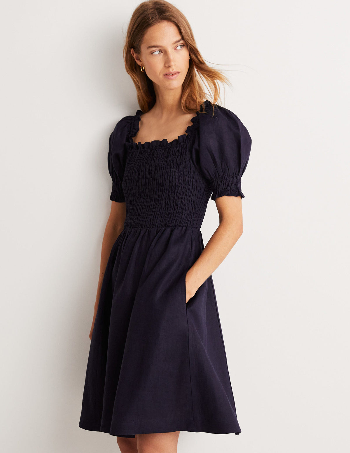 Smocked Bodice Mini Dress-Navy-1
