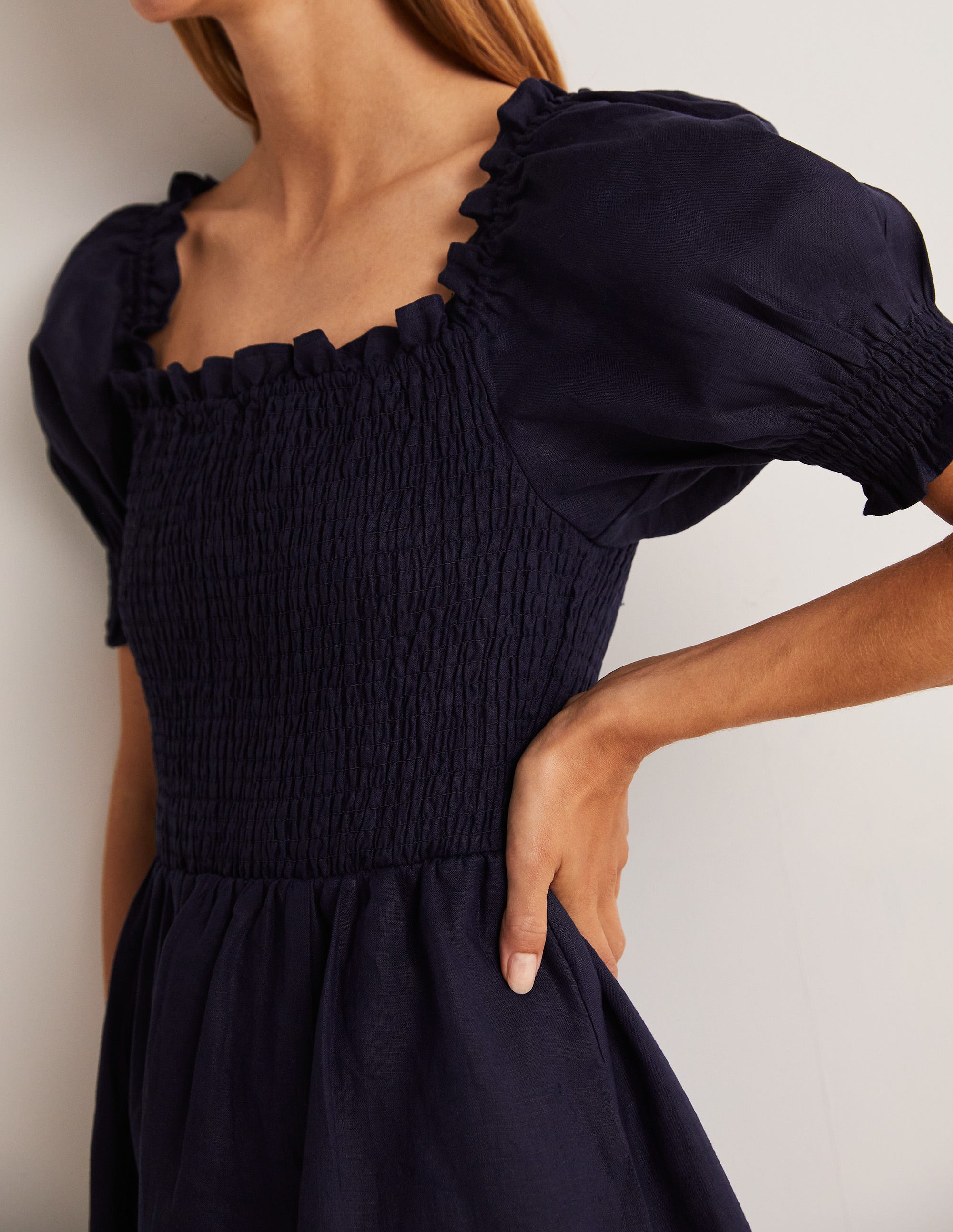 Smocked Bodice Mini Dress-Navy - Image 2