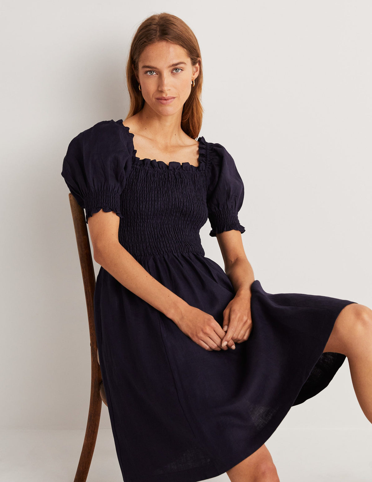 Smocked Bodice Mini Dress-Navy - Image 4