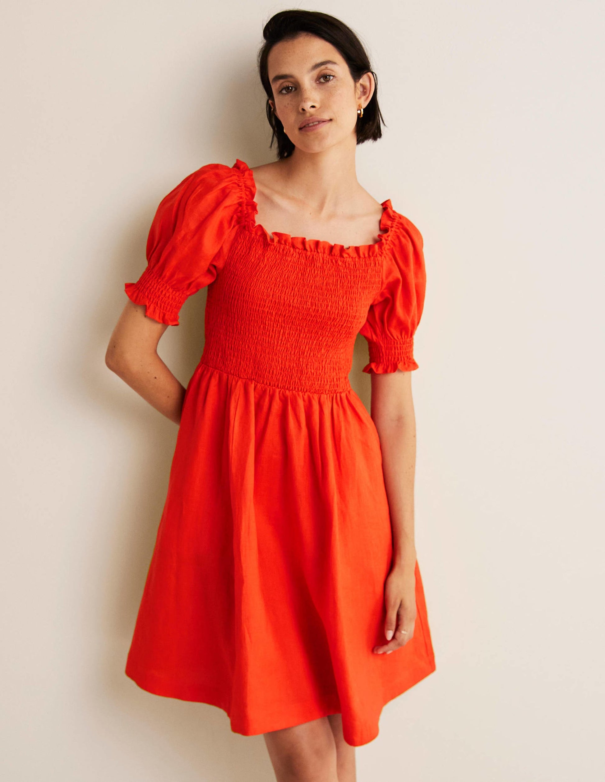 Smocked Bodice Mini Dress-Bright Papaya-5