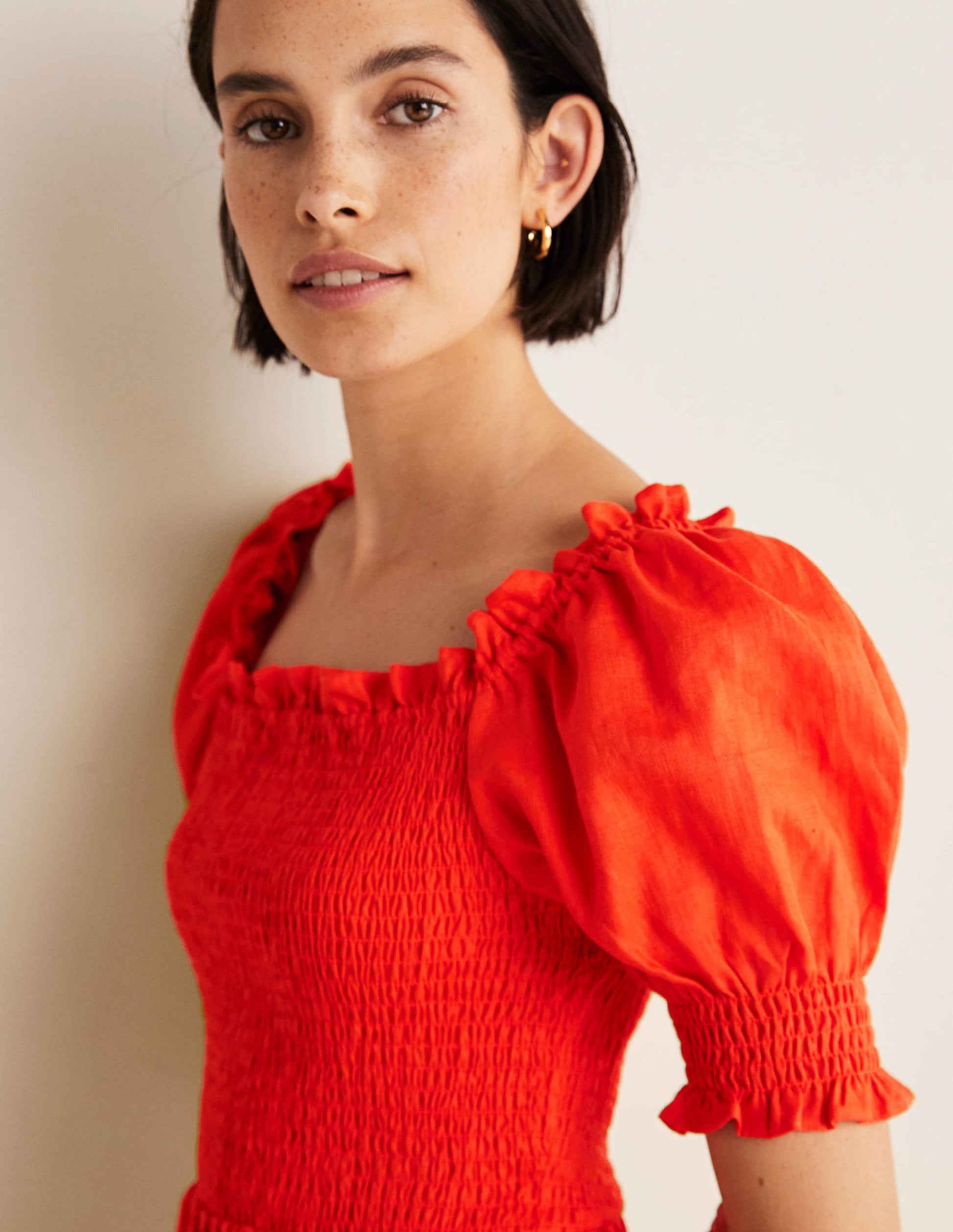 Smocked Bodice Mini Dress-Bright Papaya-2
