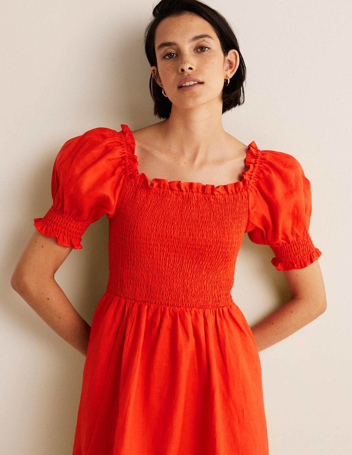 Smocked Bodice Mini Dress-Bright Papaya - Image 4