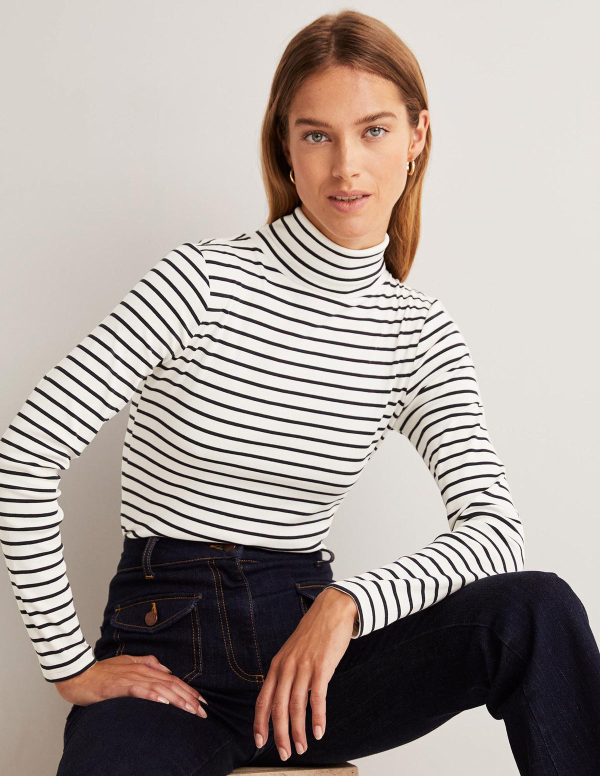 Essential Roll-neck Top-Ivory / Navy Stripe - Image 3