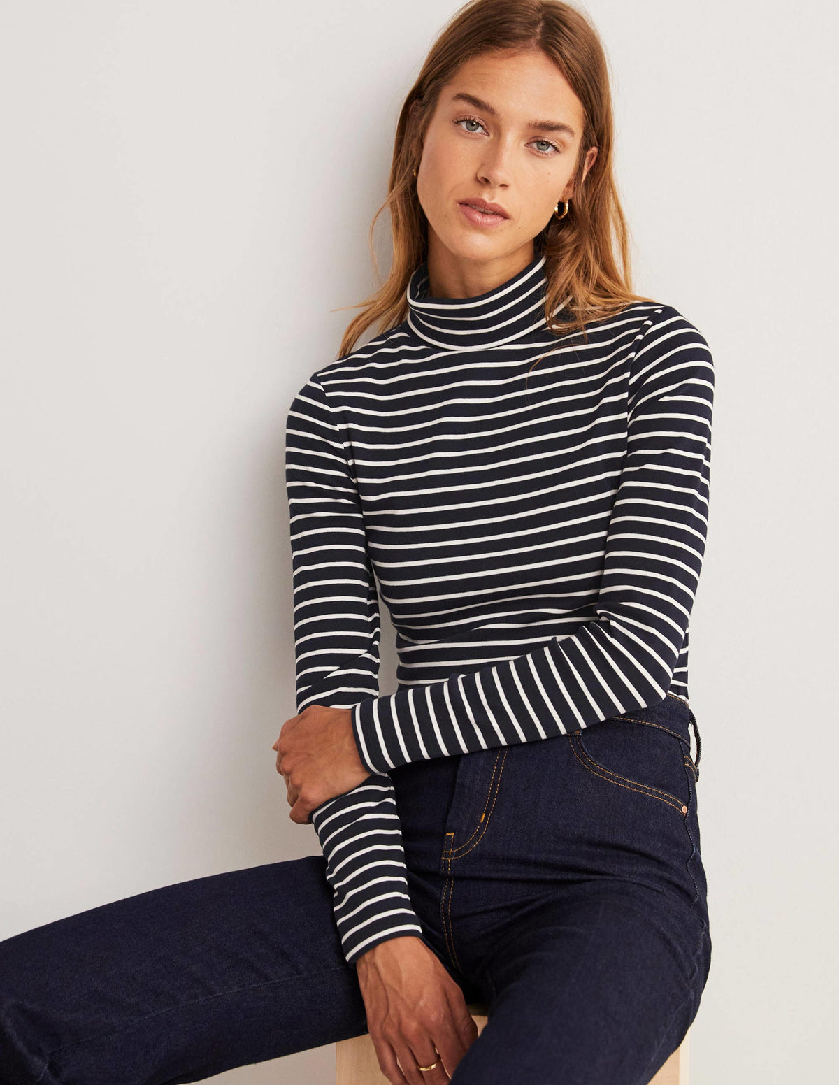 Essential Roll-neck Top-Navy / Ivory Stripe - Image 8