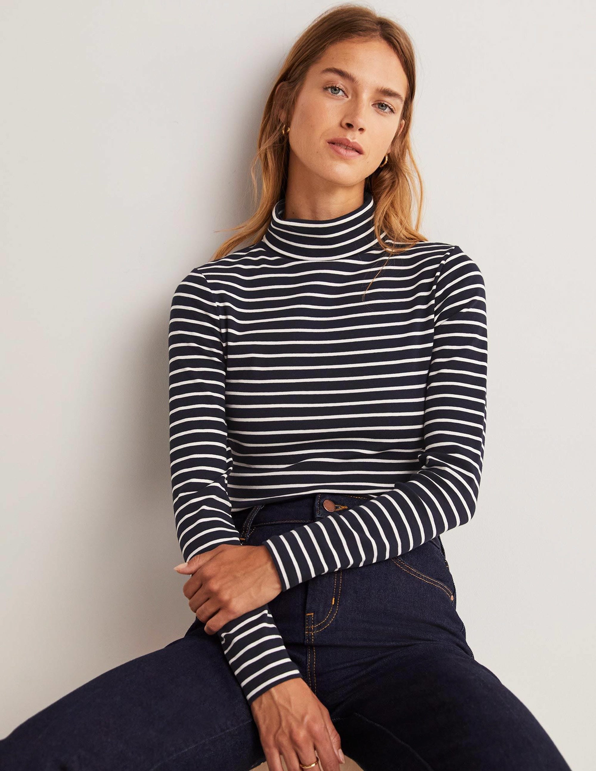 Essential Roll-neck Top-Navy / Ivory Stripe - Image 1
