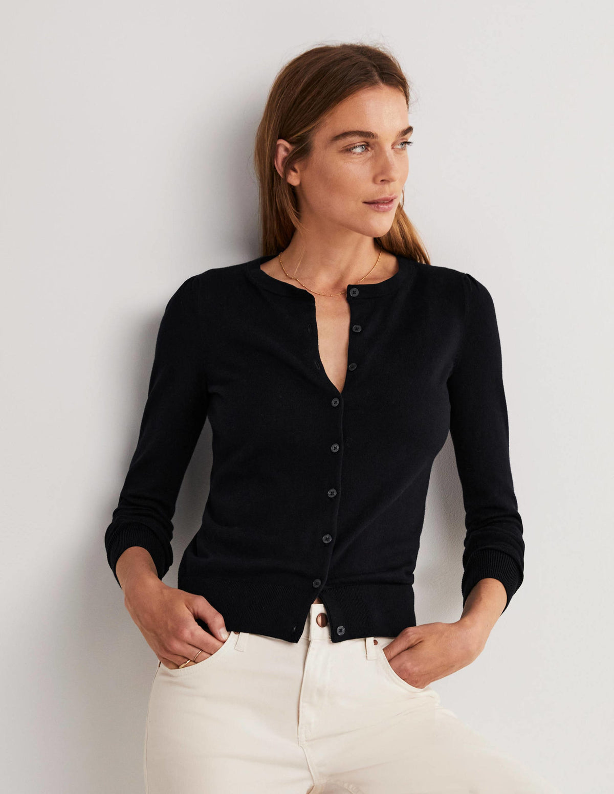 Cotton Crew Neck Cardigan-Black - Image 1