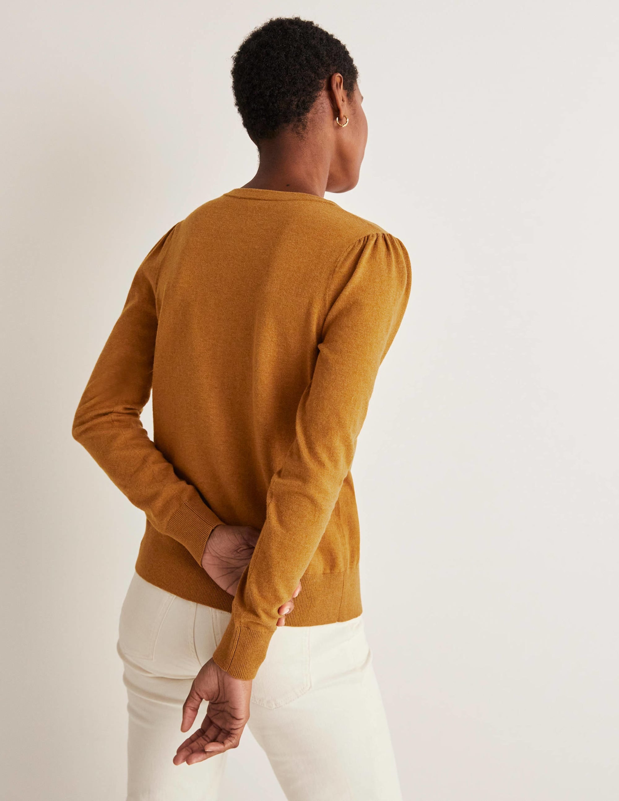Cotton Crew Neck Cardigan-Butterscotch Brown Melange - Image 7