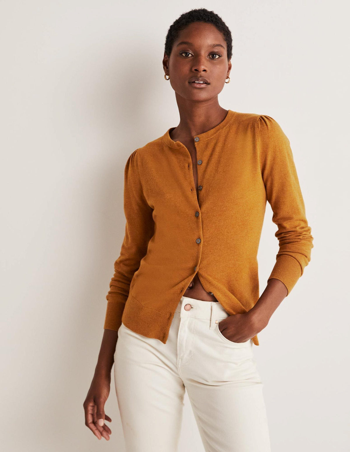 Cotton Crew Neck Cardigan-Butterscotch Brown Melange - Image 1