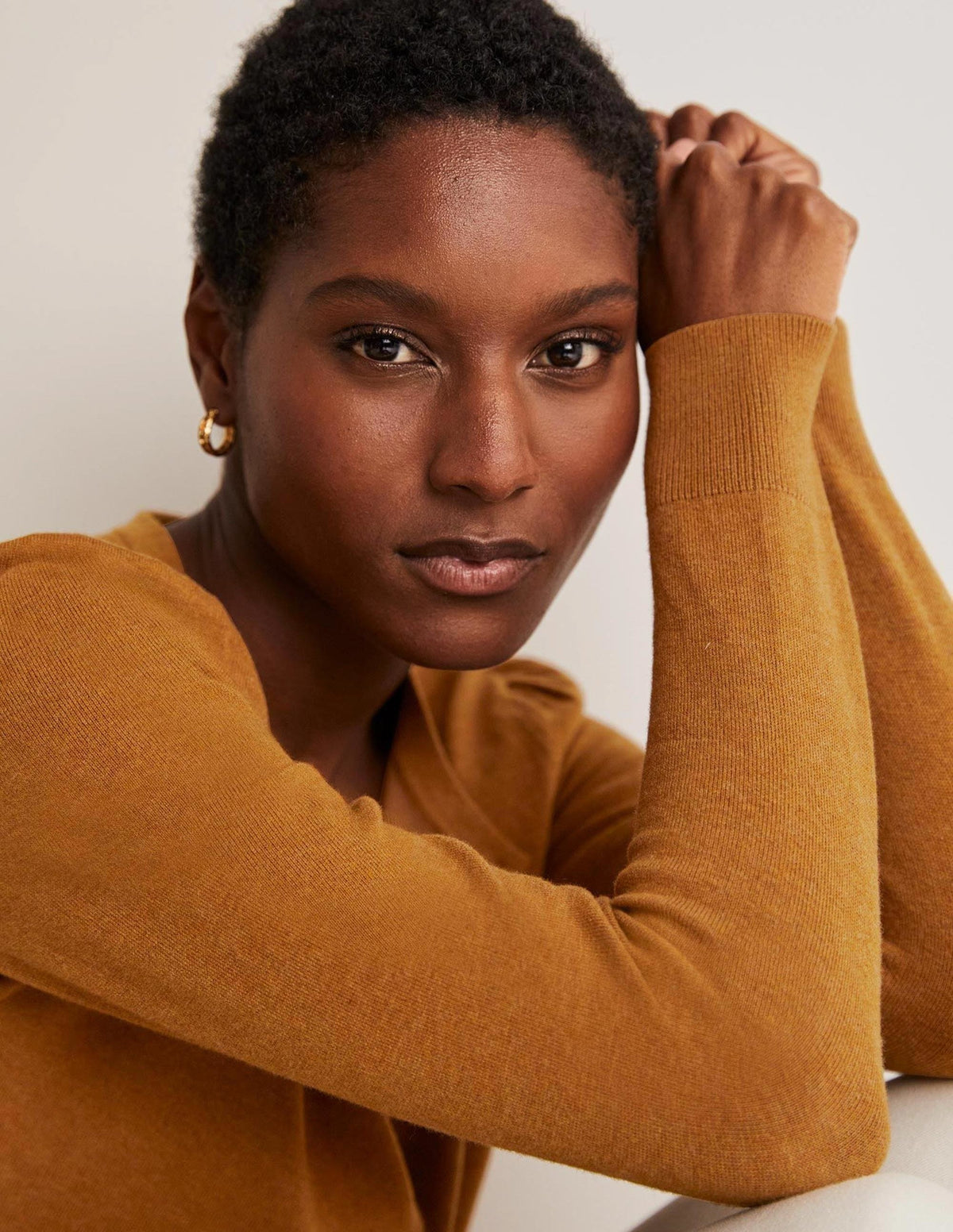 Cotton Crew Neck Cardigan-Butterscotch Brown Melange - Image 2