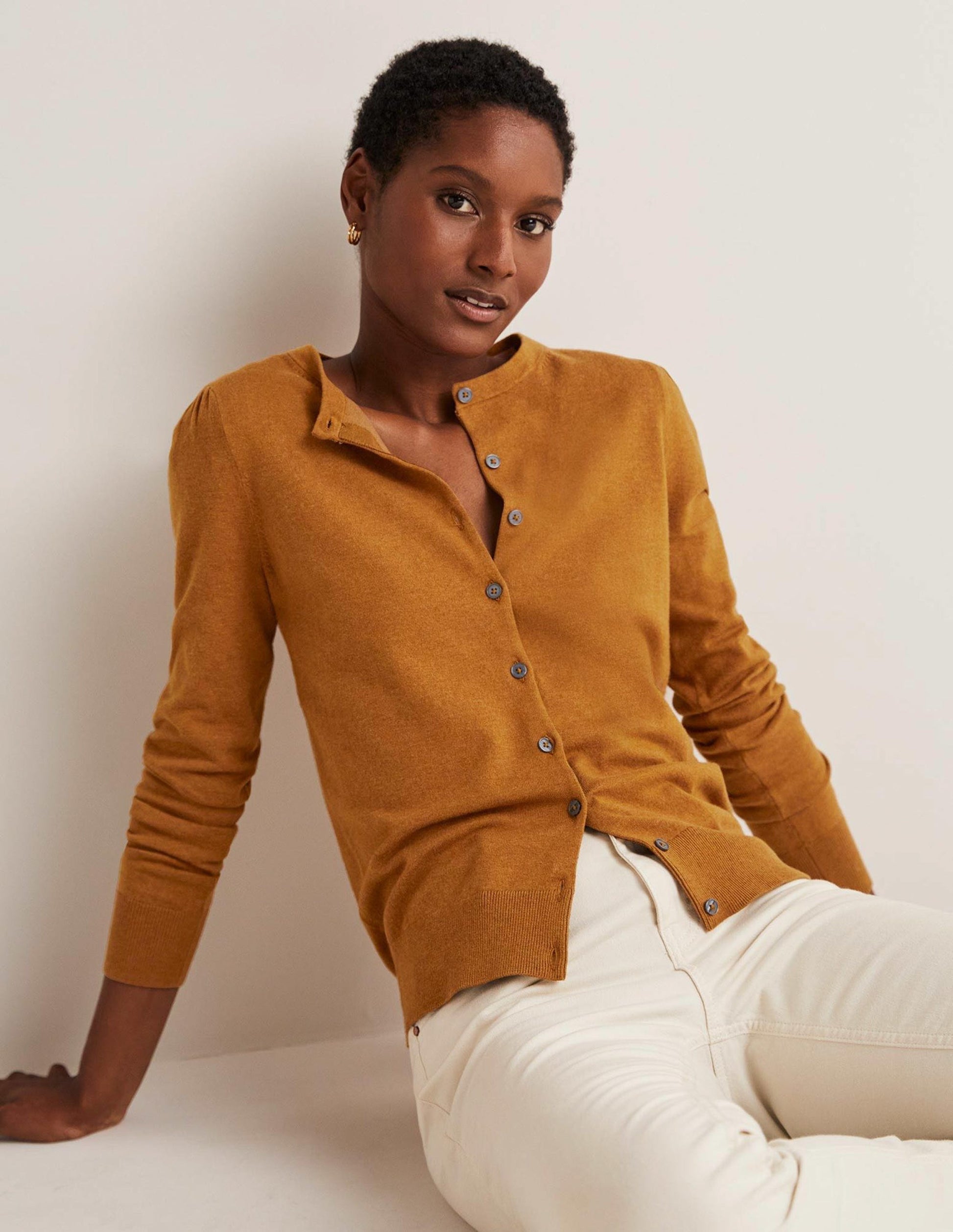 Cotton Crew Neck Cardigan-Butterscotch Brown Melange-4