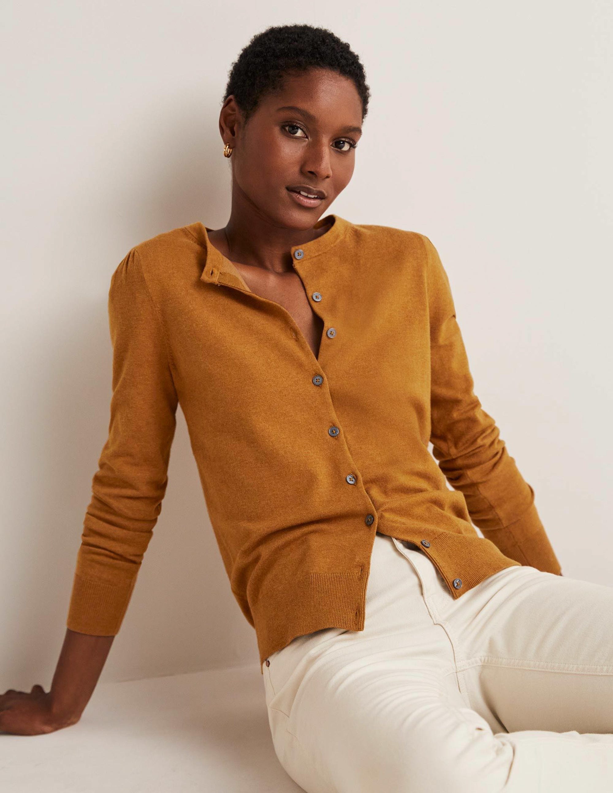 Cotton Crew Neck Cardigan-Butterscotch Brown Melange - Image 4