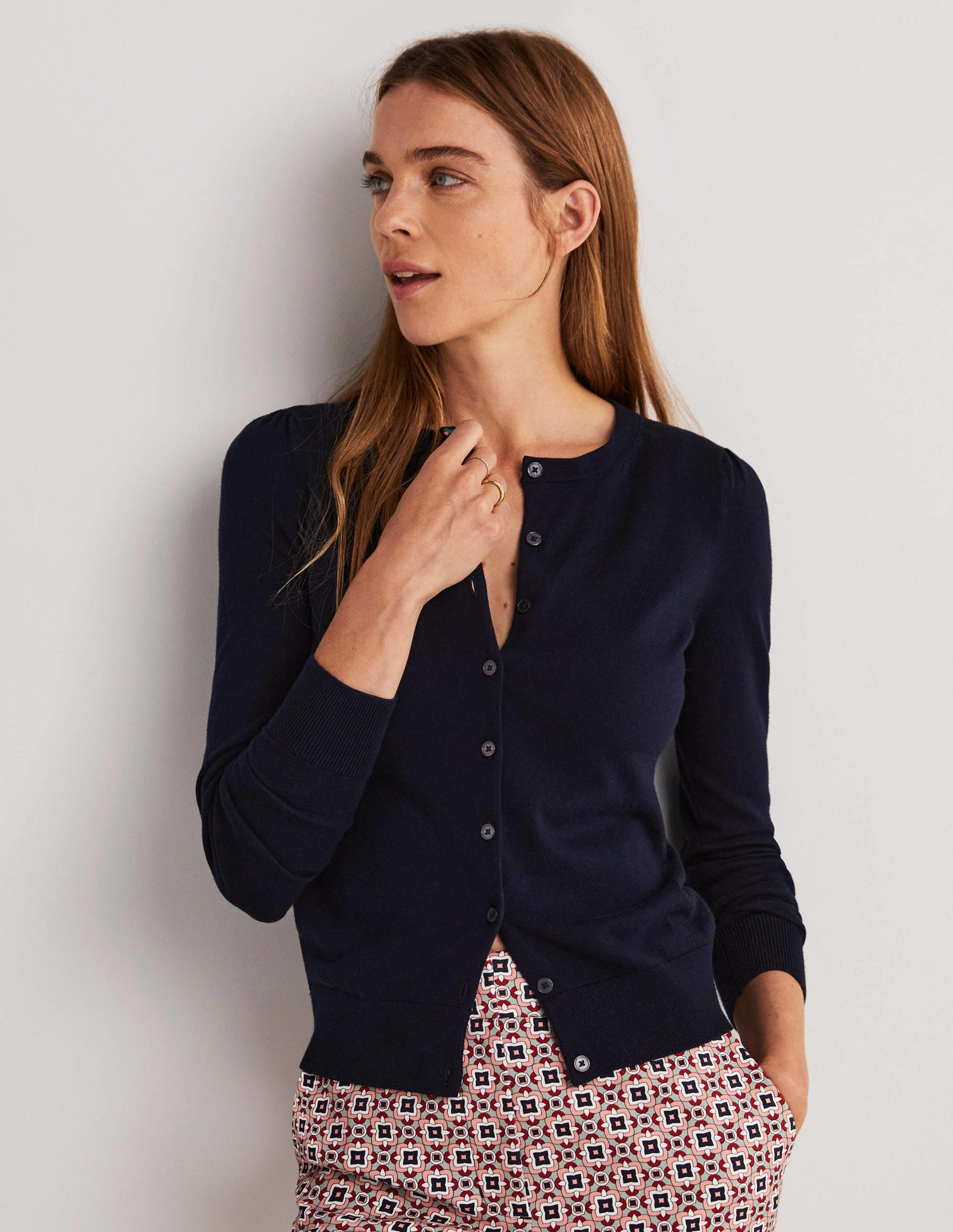 Cotton Crew Neck Cardigan-Navy-3