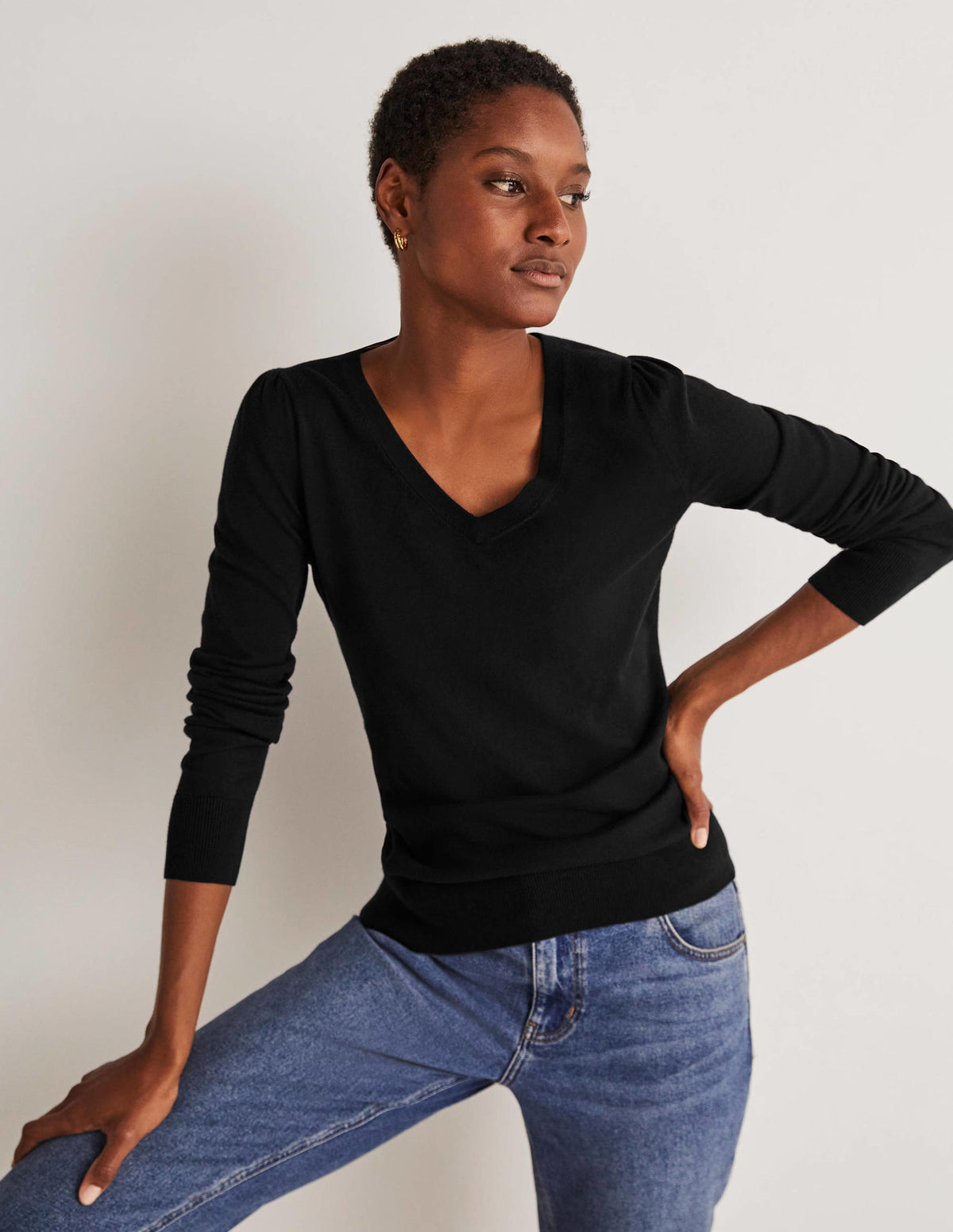 Cotton V-Neck Sweater-Black - Image 1