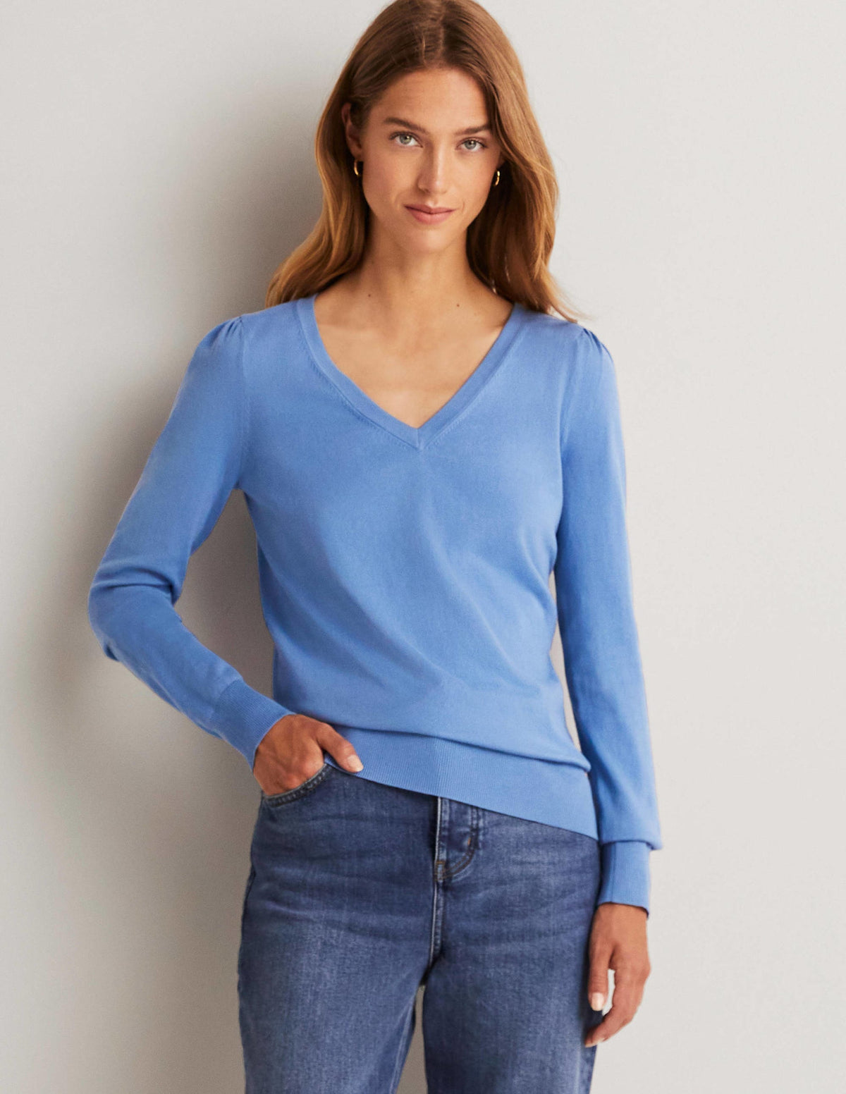 Cotton V-Neck Sweater-Riviera Blue - Image 1