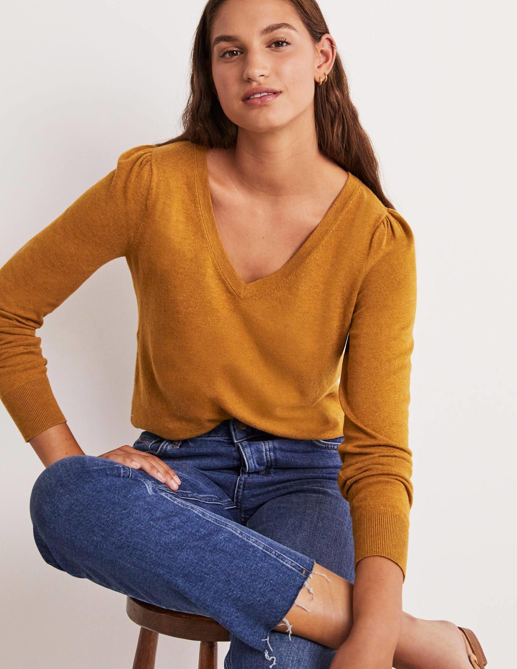 Cotton V-Neck Sweater-Butterscotch Brown Melange - Image 9