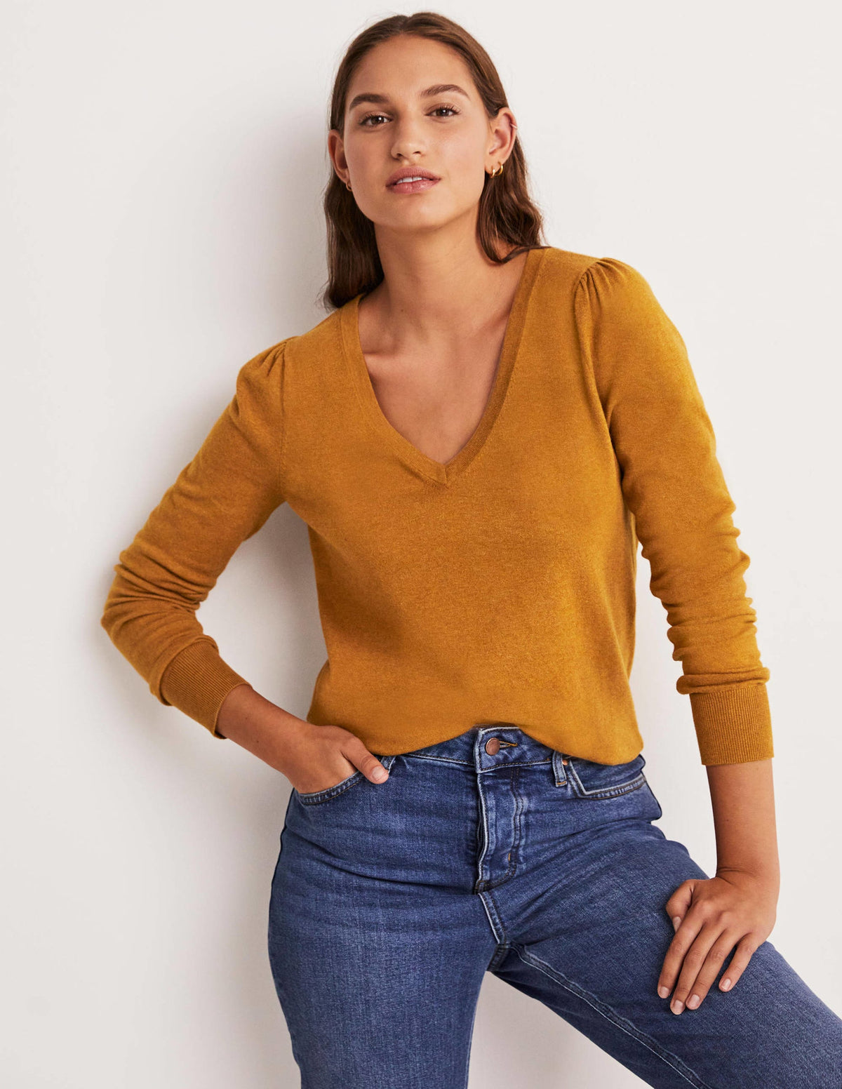 Cotton V-Neck Sweater-Butterscotch Brown Melange - Image 5