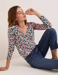 Cotton V-Neck Sweater-Wild Rose, Tulip Cluster