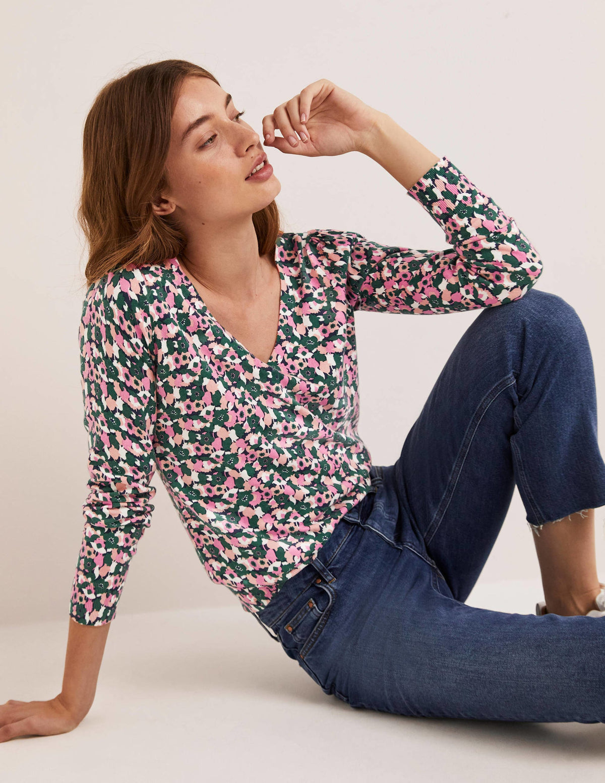 Cotton V-Neck Sweater-Wild Rose, Tulip Cluster - Image 1