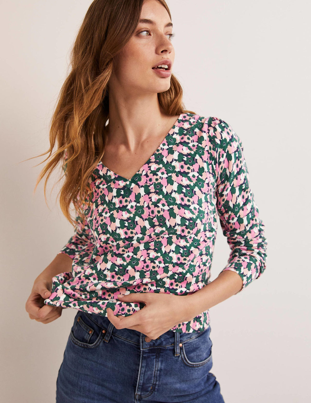 Cotton V-Neck Sweater-Wild Rose, Tulip Cluster - Image 4