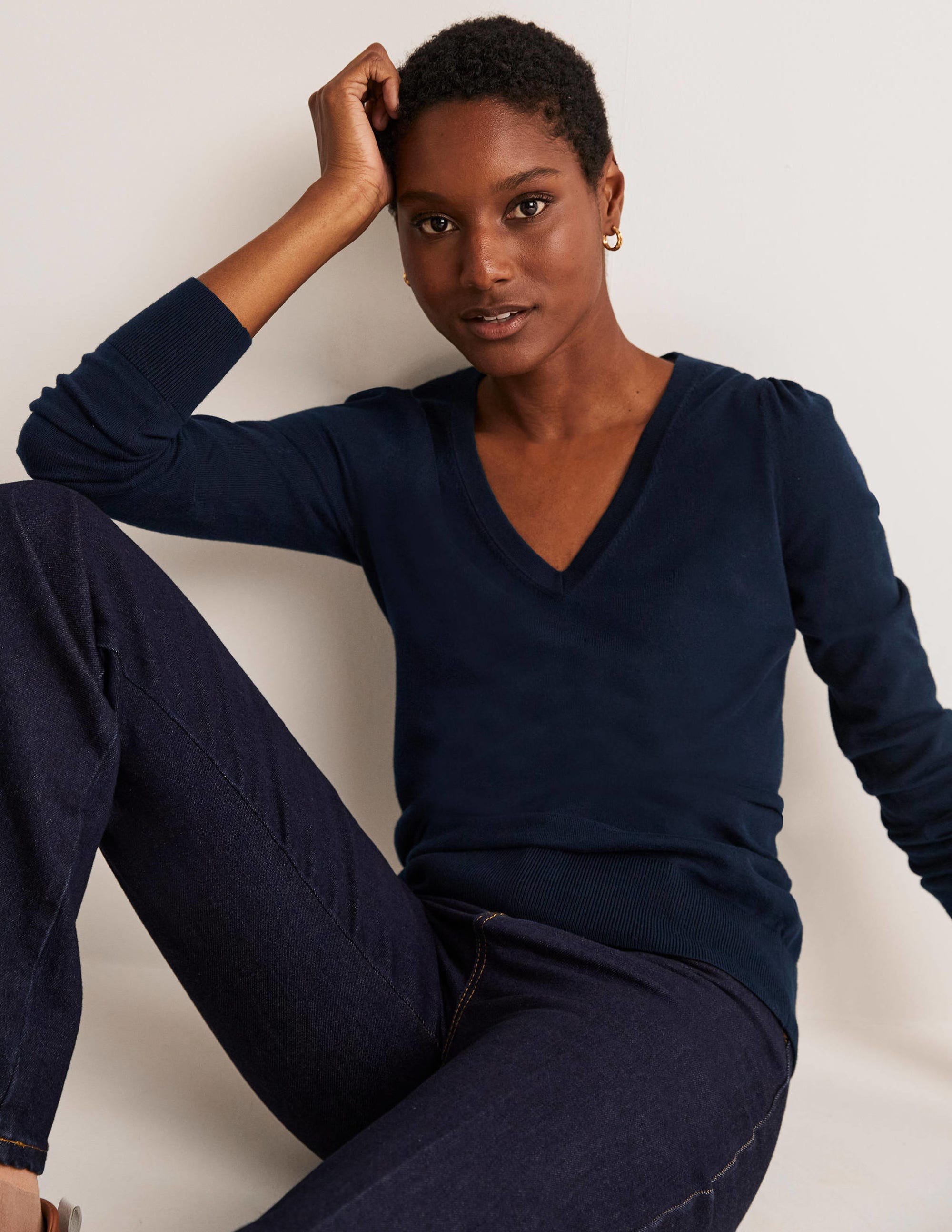 Cotton V-Neck Sweater-Navy - Image 7