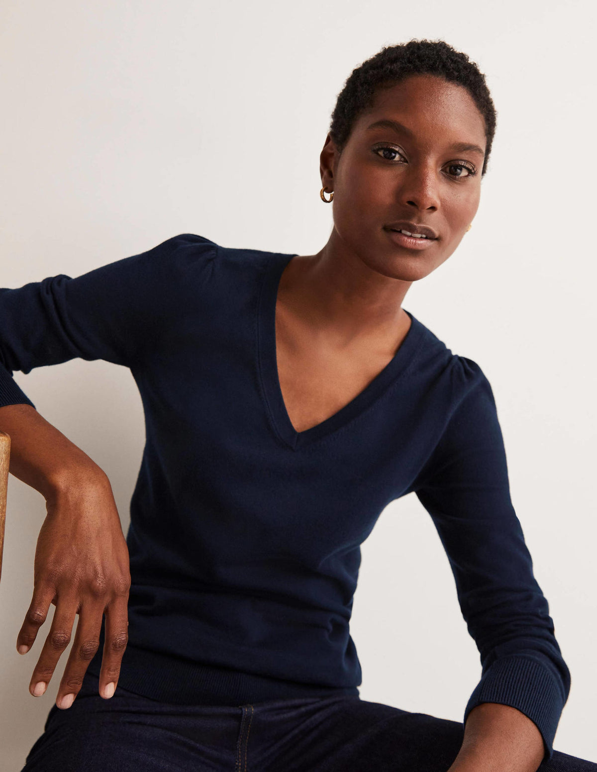 Cotton V-Neck Sweater-Navy - Image 2