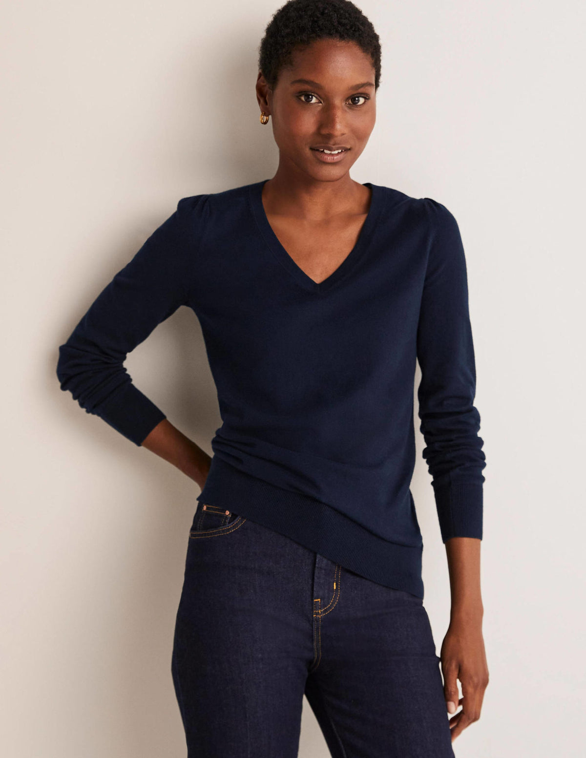 Cotton V-Neck Sweater-Navy - Image 3