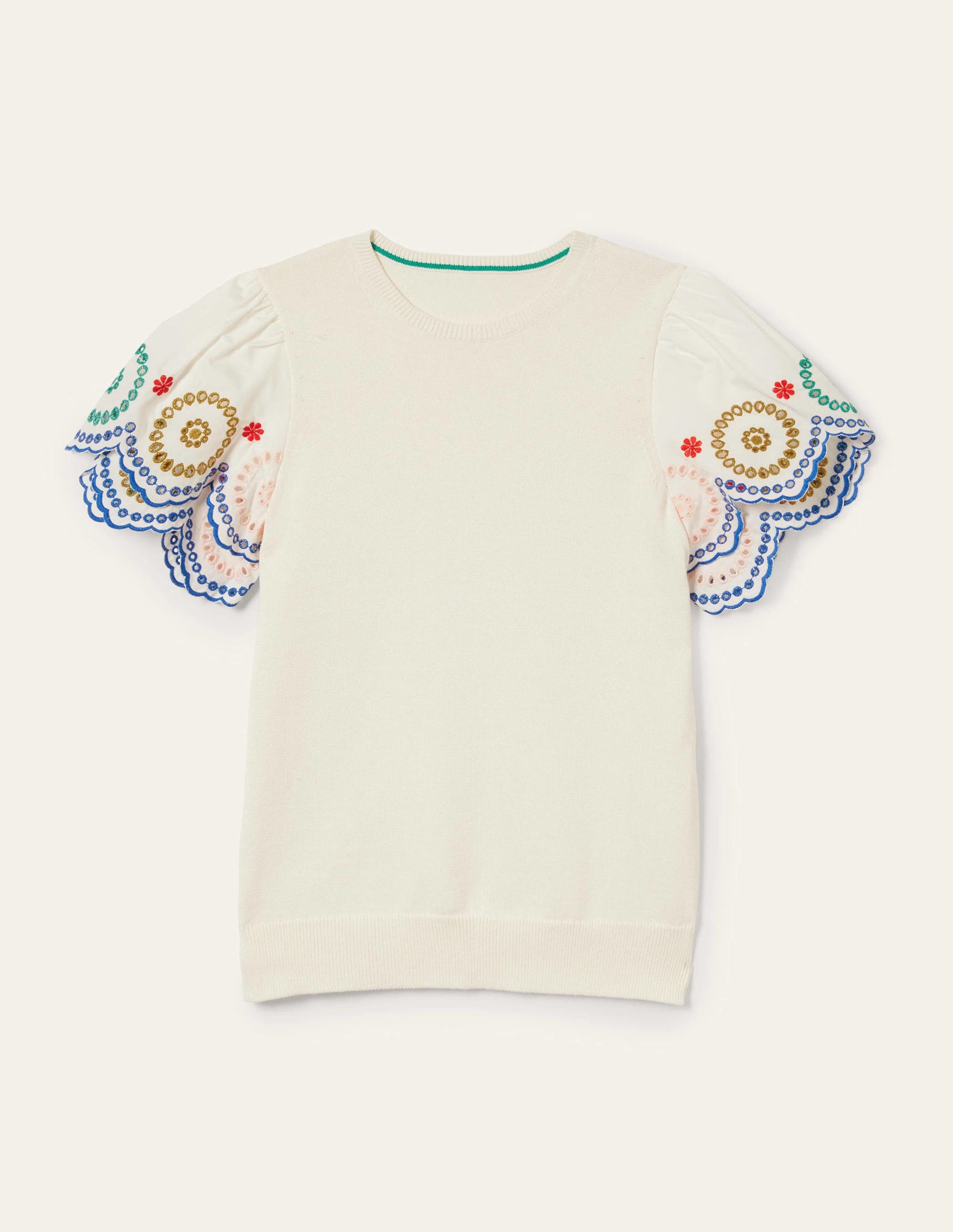 Knitted Sleeve Detail T-shirt-Ivory-10