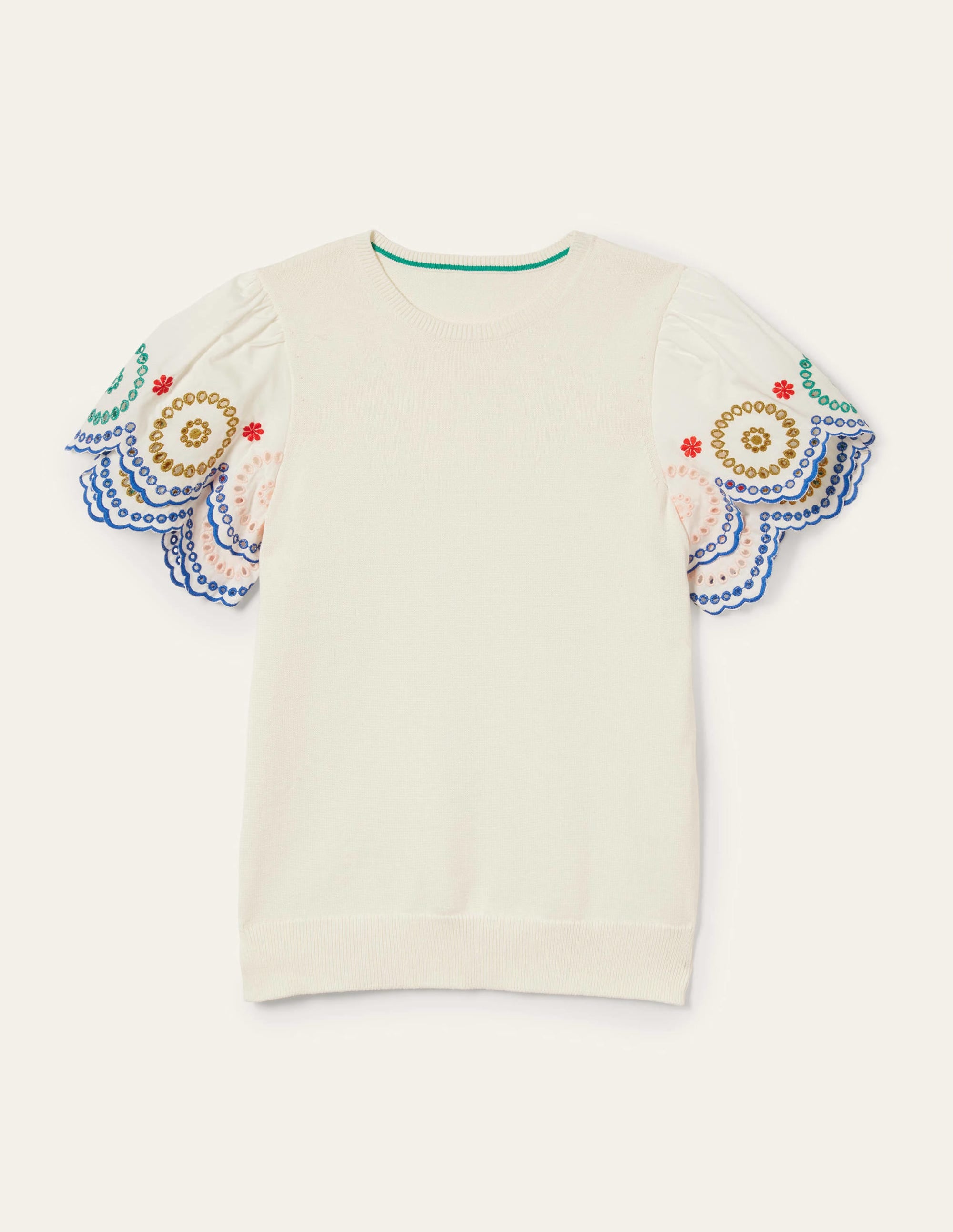 Knitted Sleeve Detail T-shirt-Ivory - Image 10