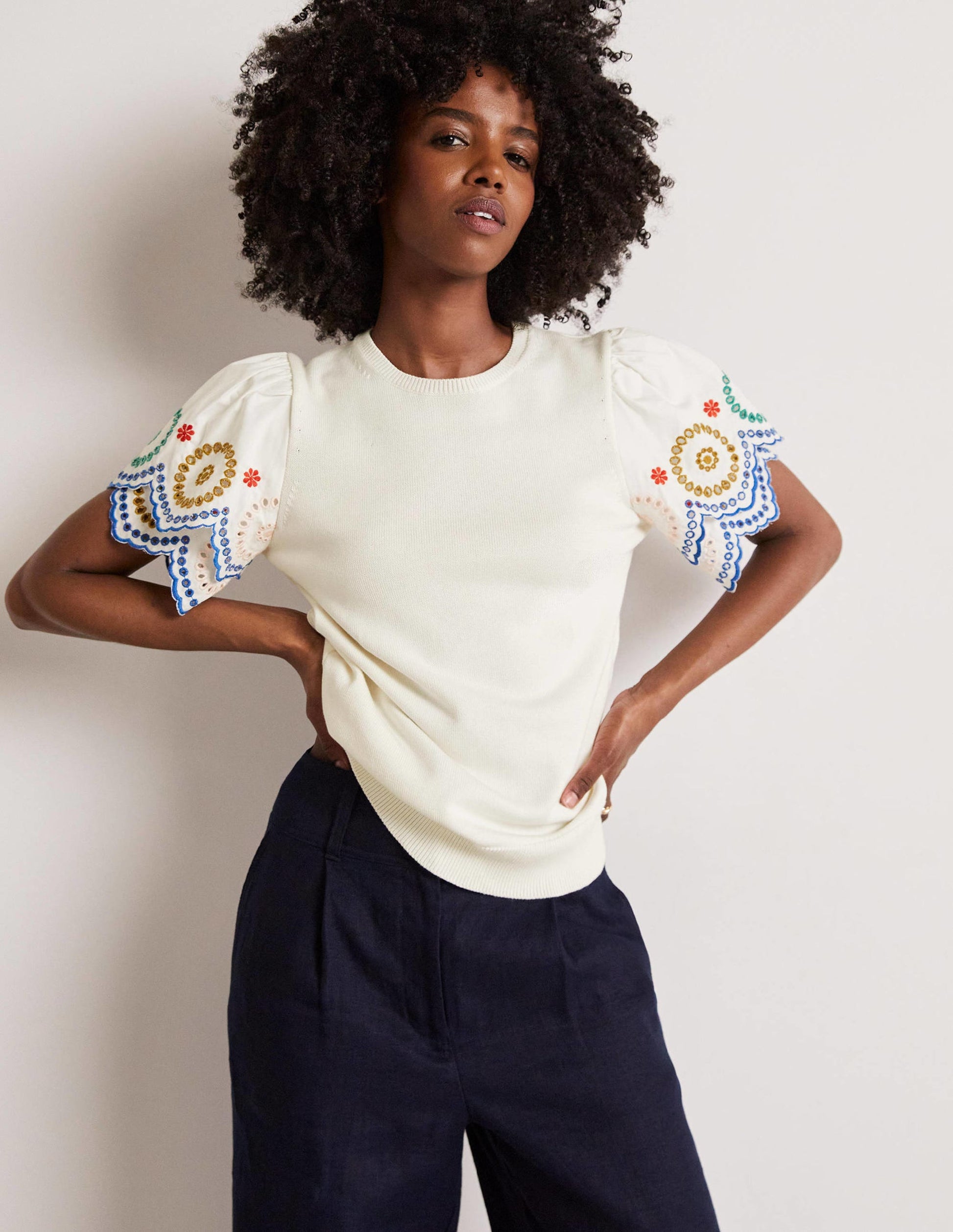 Knitted Sleeve Detail T-shirt-Ivory-1