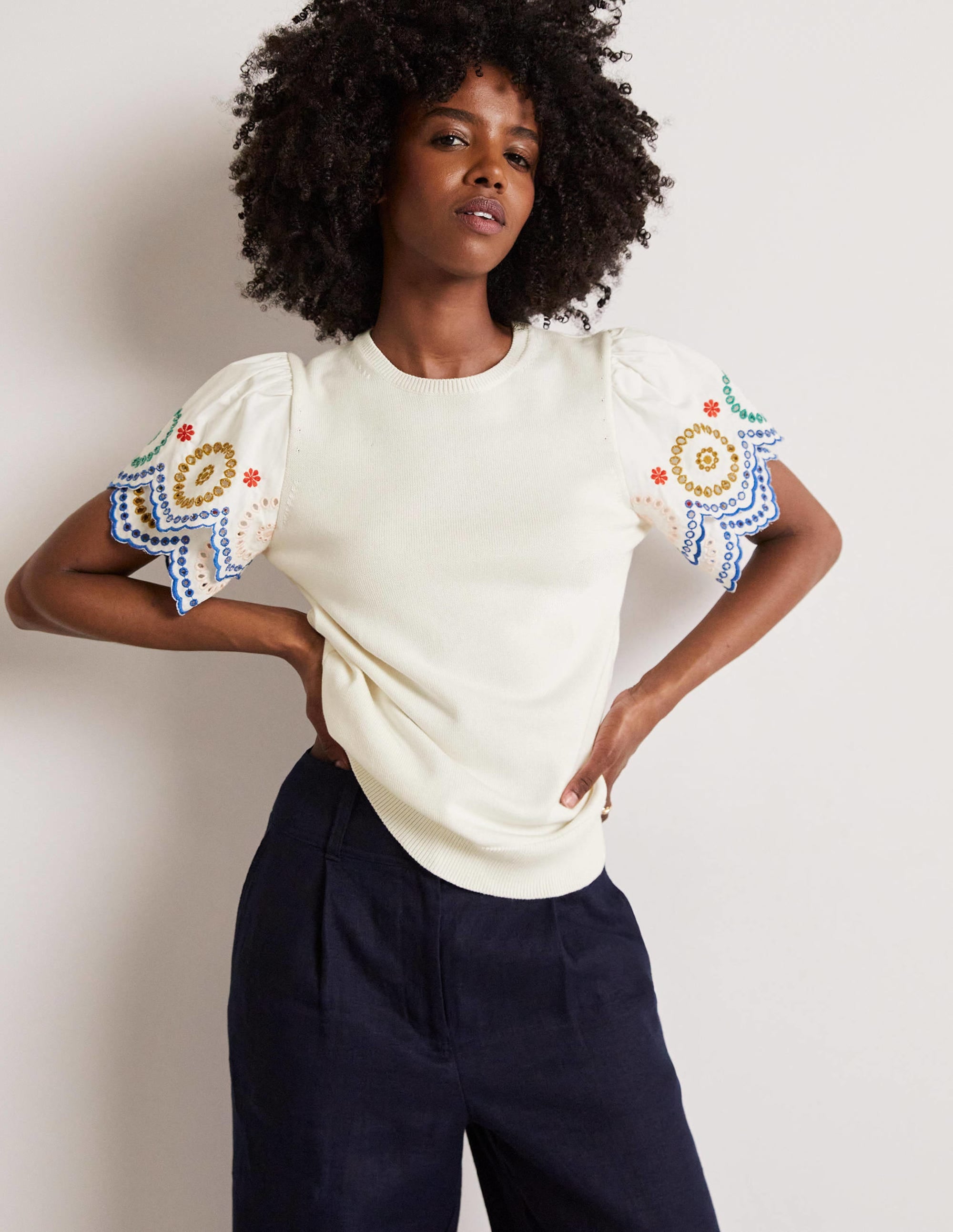 Knitted Sleeve Detail T-shirt-Ivory - Image 1