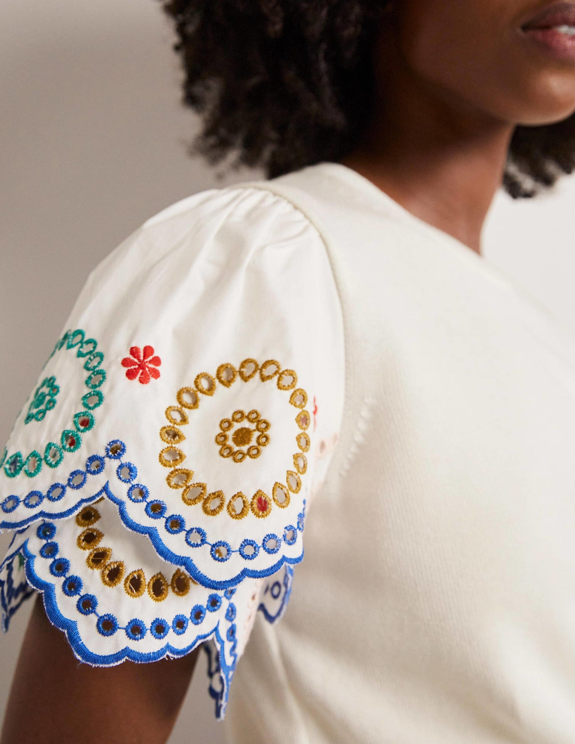 Knitted Sleeve Detail T-shirt-Ivory-2