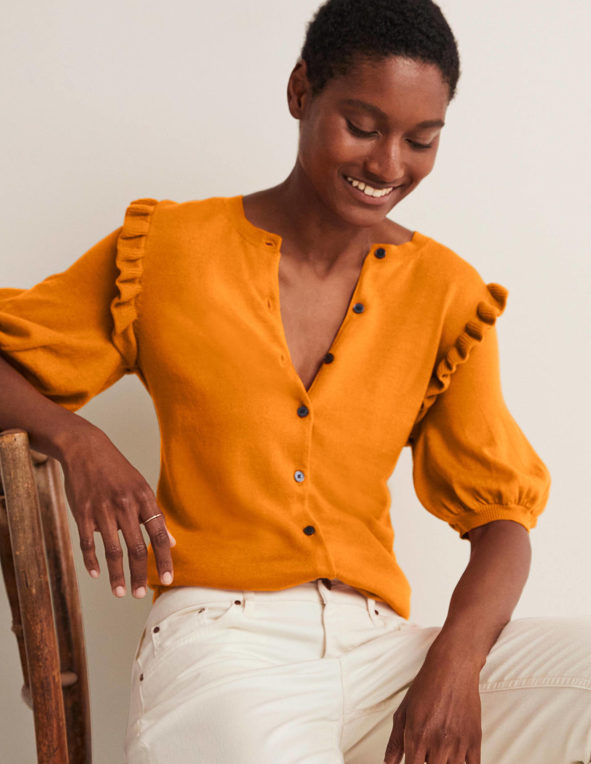Frill Shoulder Cotton Cardigan-Desert Sun Orange - Image 5