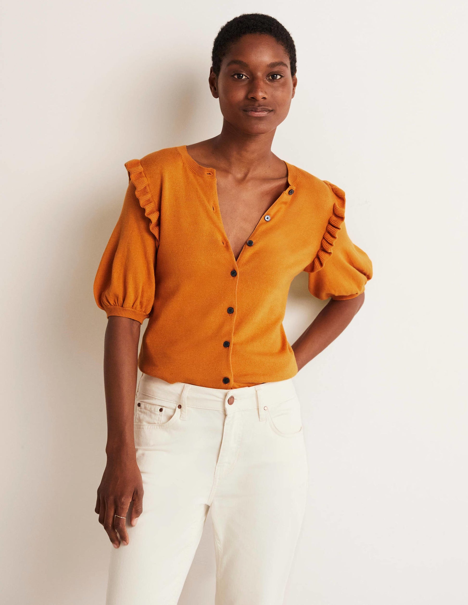 Frill Shoulder Cotton Cardigan-Desert Sun Orange-4