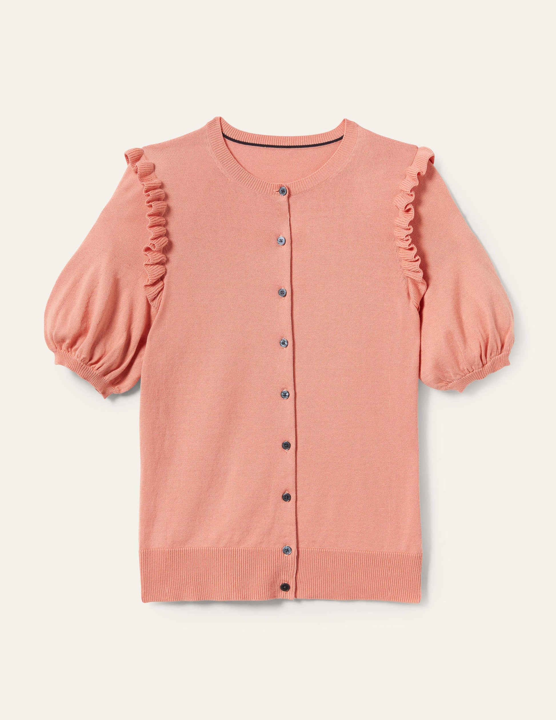 Frill Shoulder Cotton Cardigan-Chalky Coral Pink-7