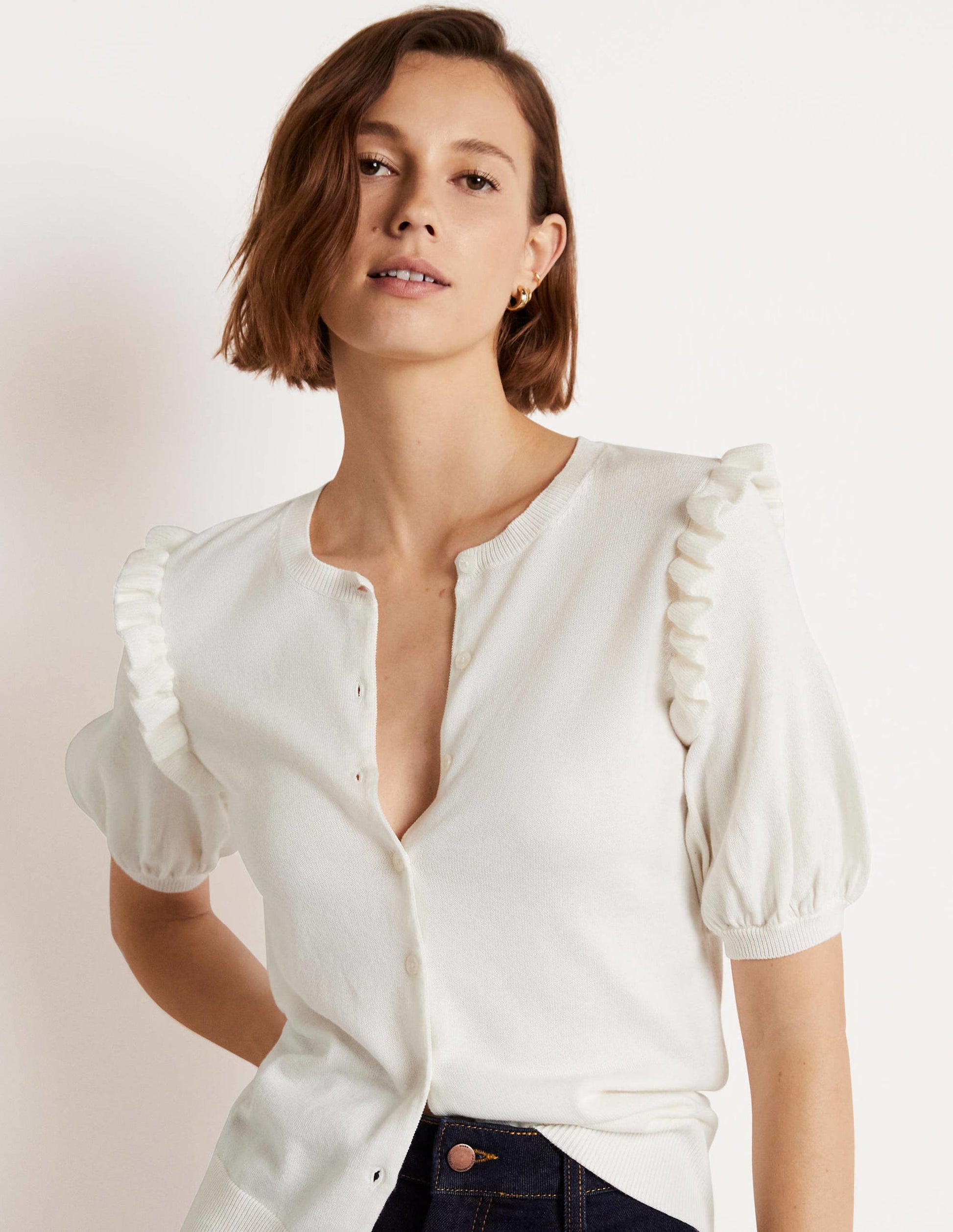 Frill Shoulder Cotton Cardigan-Ivory-8