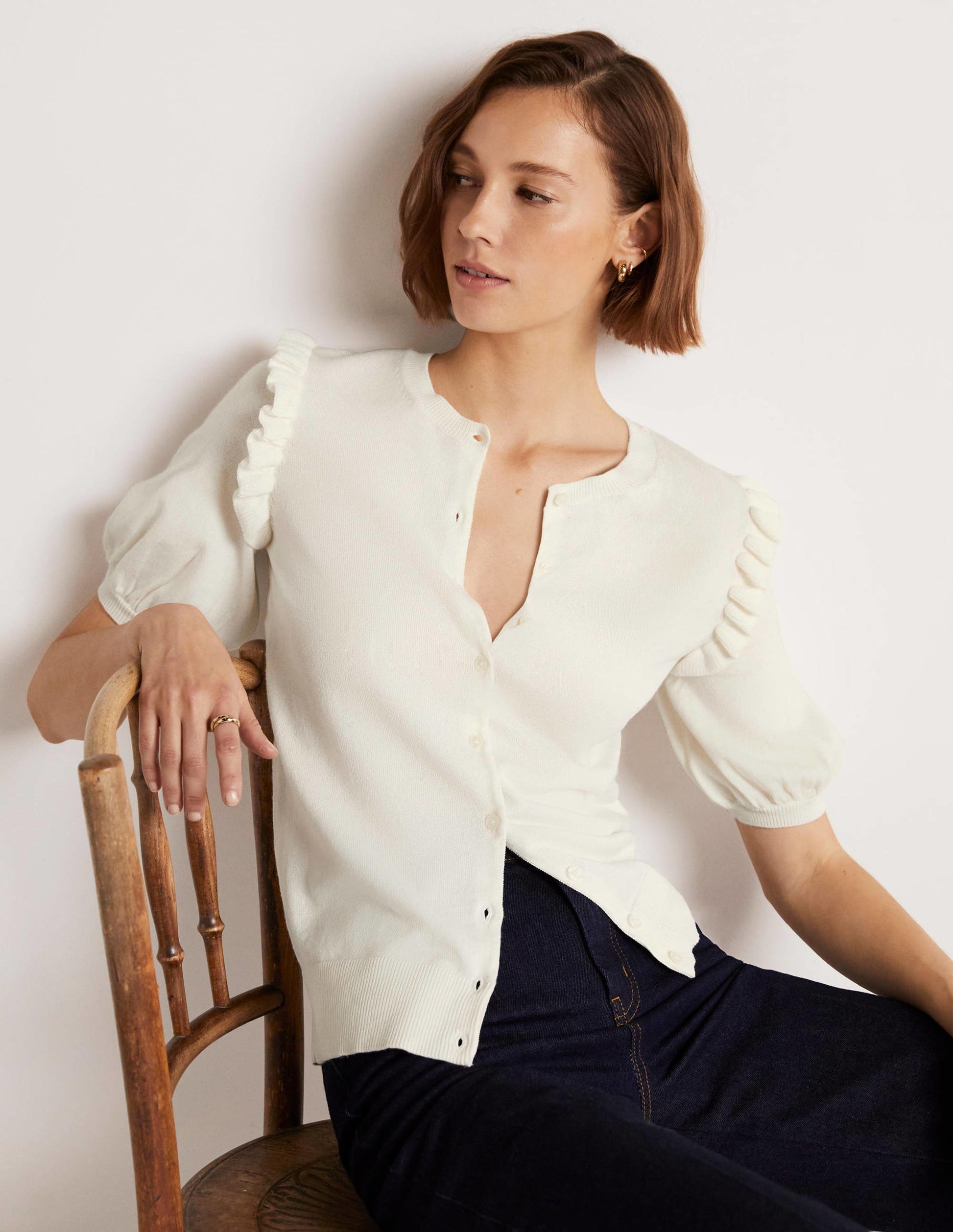 Frill Shoulder Cotton Cardigan-Ivory-1
