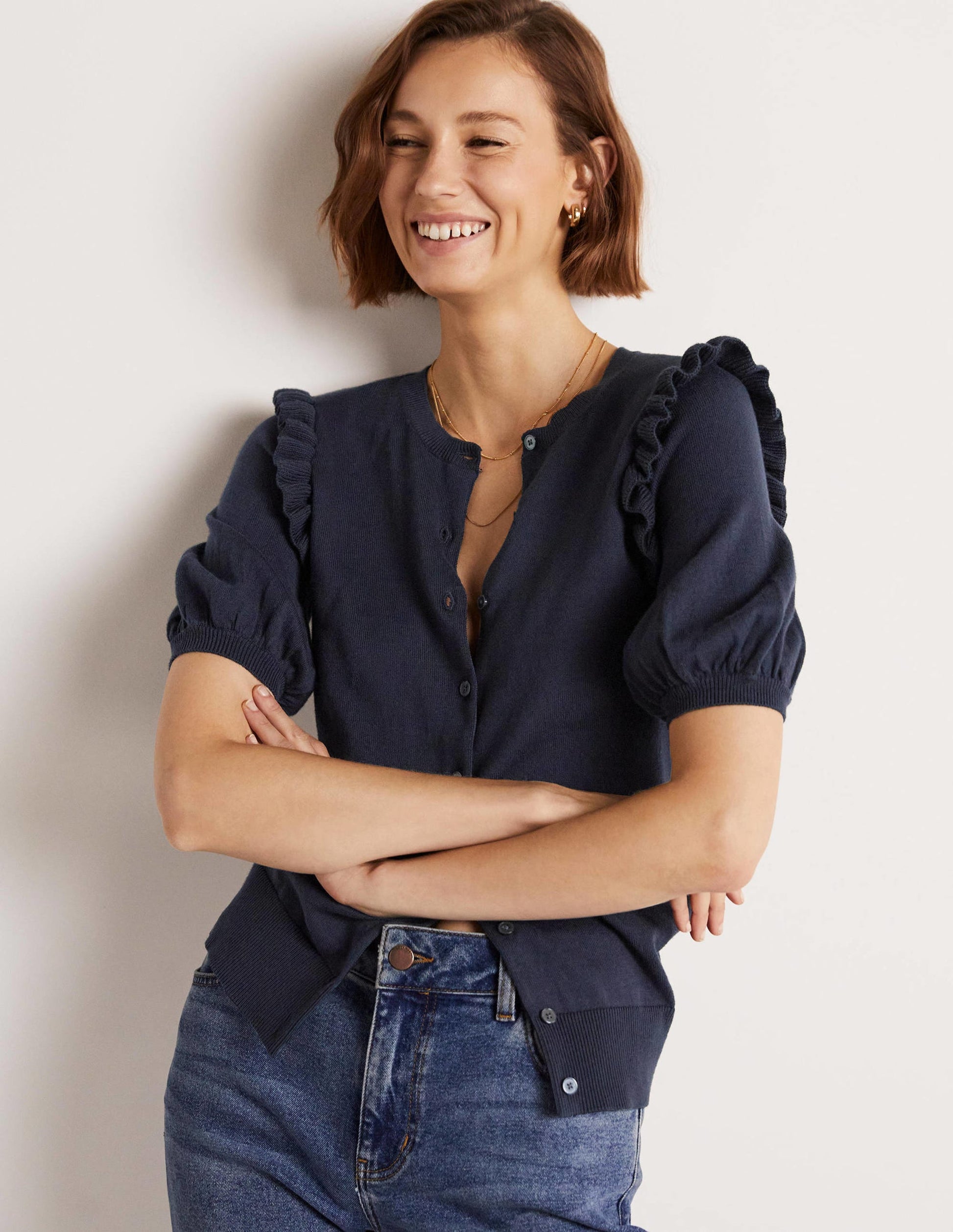 Frill Shoulder Cotton Cardigan-Navy-5