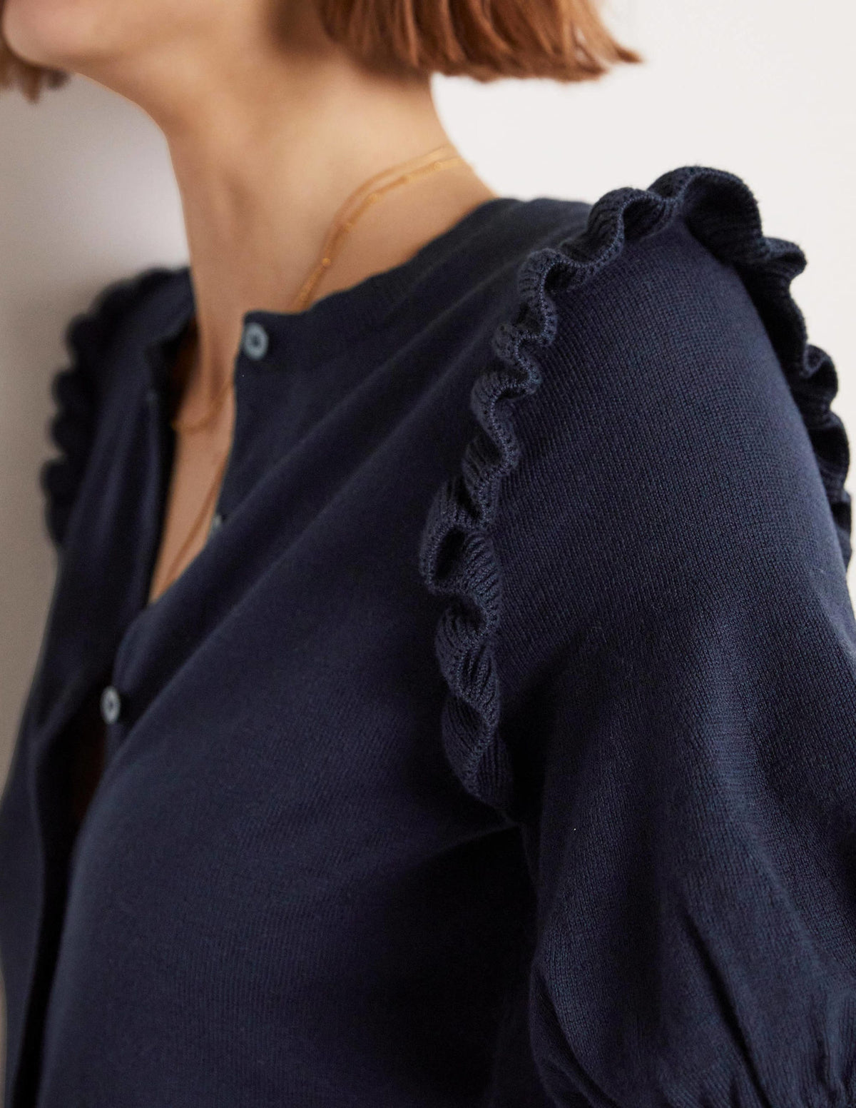 Frill Shoulder Cotton Cardigan-Navy - Image 6