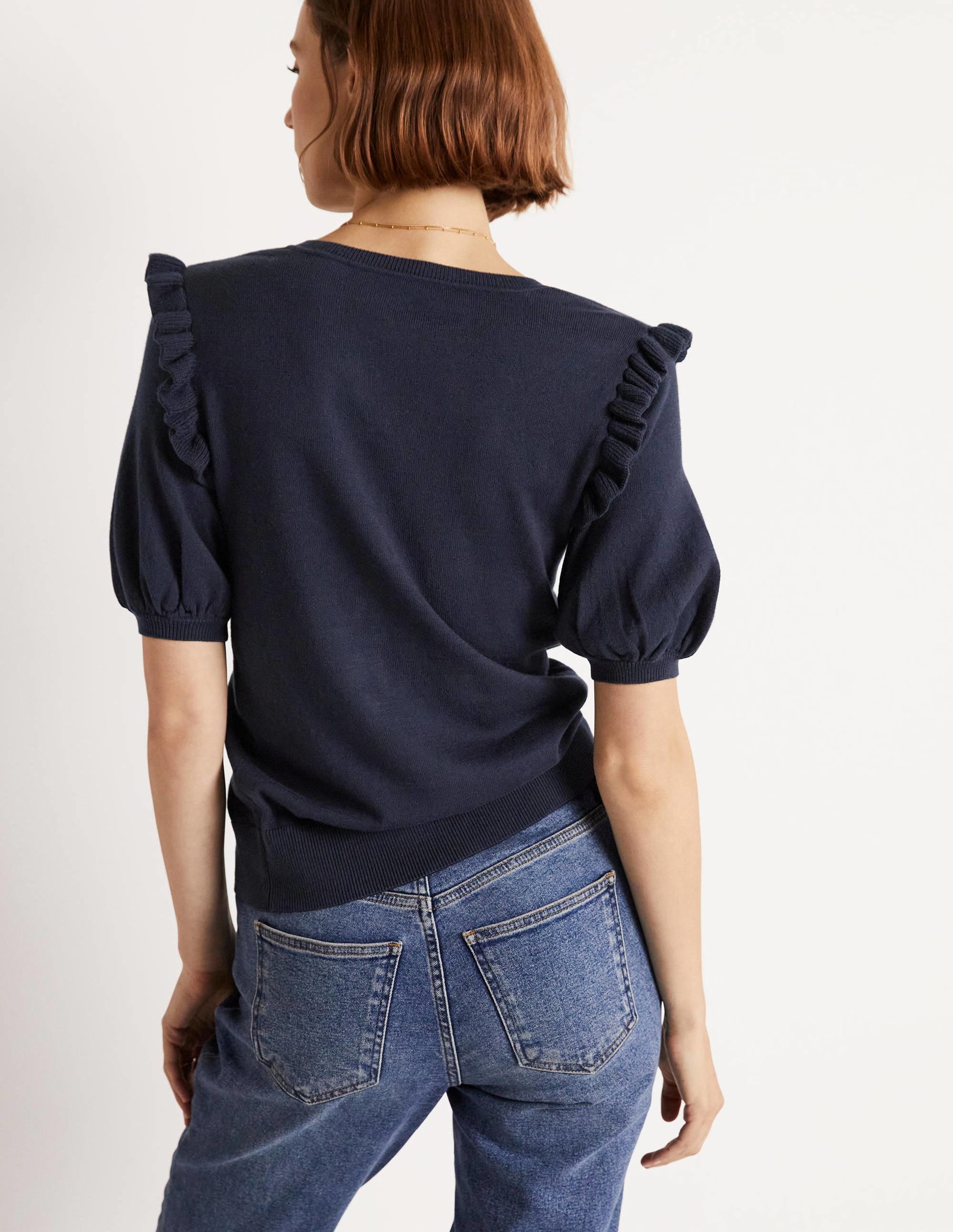 Frill Shoulder Cotton Cardigan-Navy - Image 7