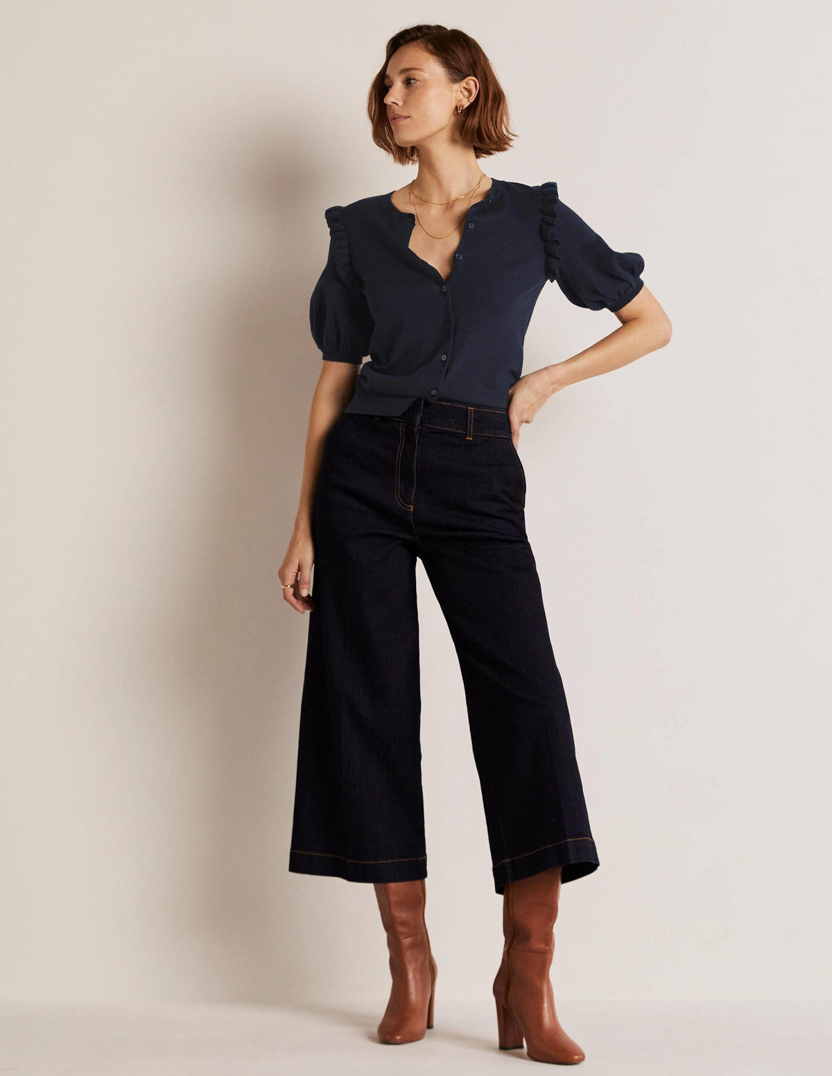 Frill Shoulder Cotton Cardigan-Navy - Image 8