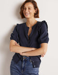 Frill Shoulder Cotton Cardigan-Navy