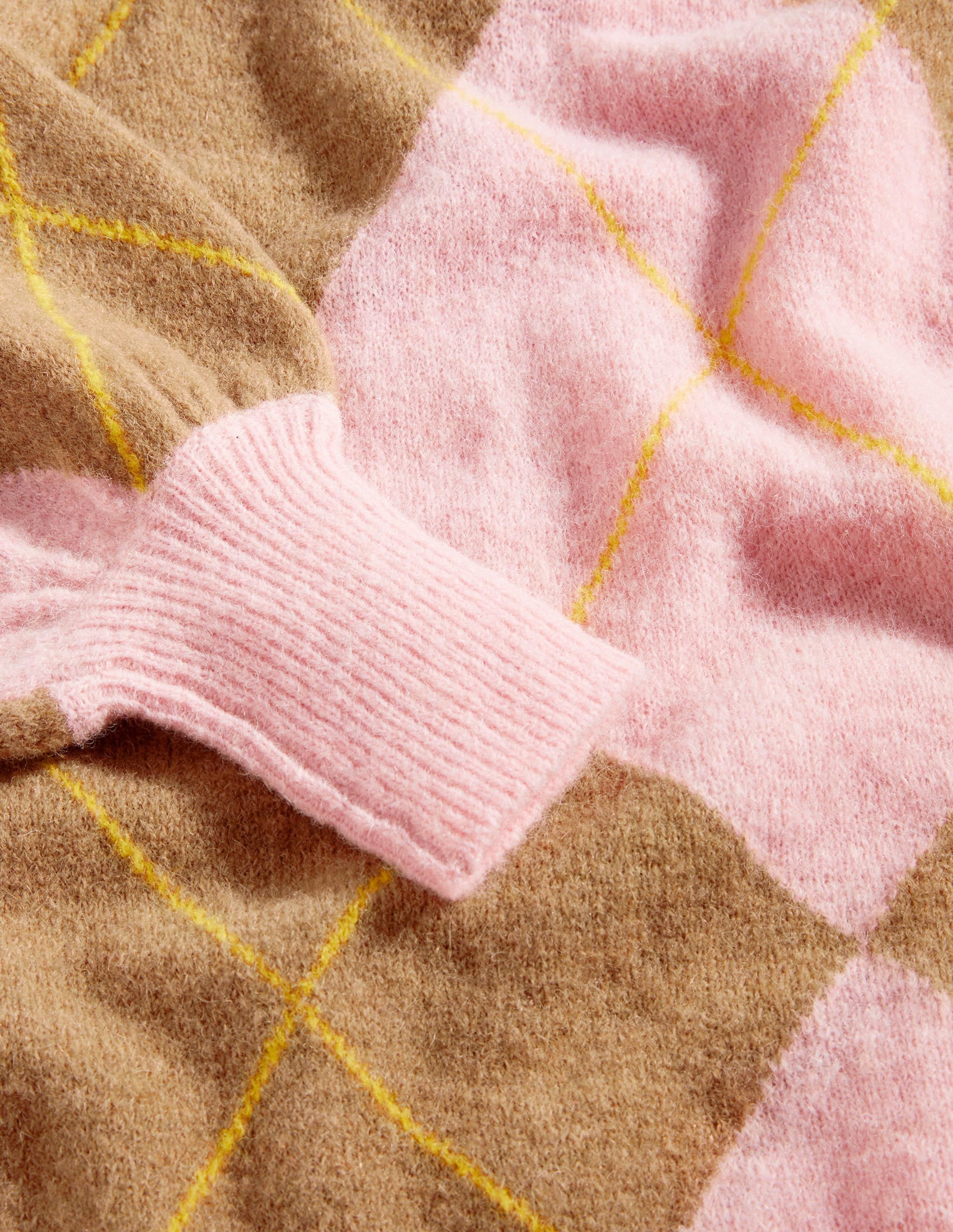 Blouson Sleeve Fluffy Sweater-Camel, Boto Pink Argyle - Image 5