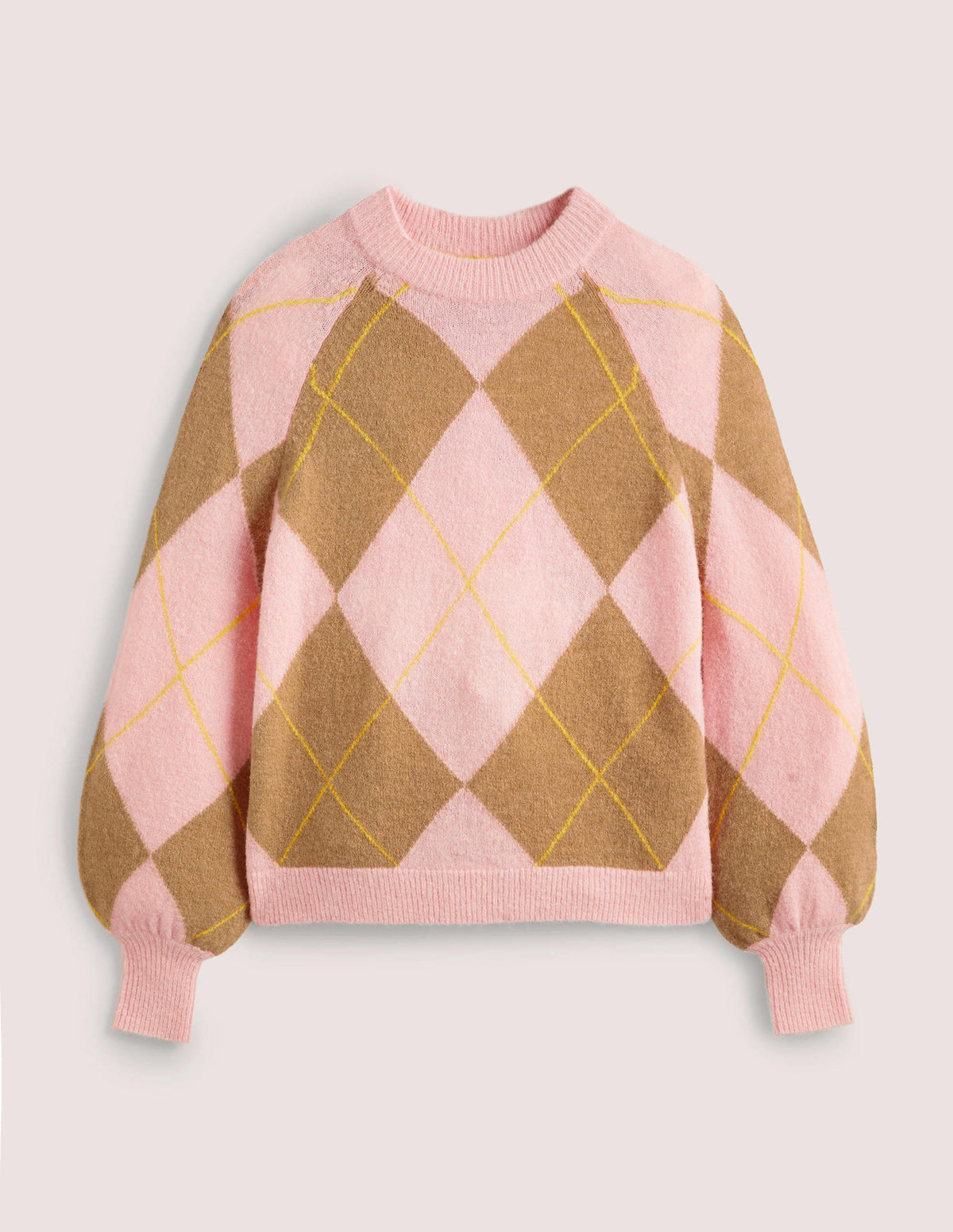 Blouson Sleeve Fluffy Sweater-Camel, Boto Pink Argyle - Image 6